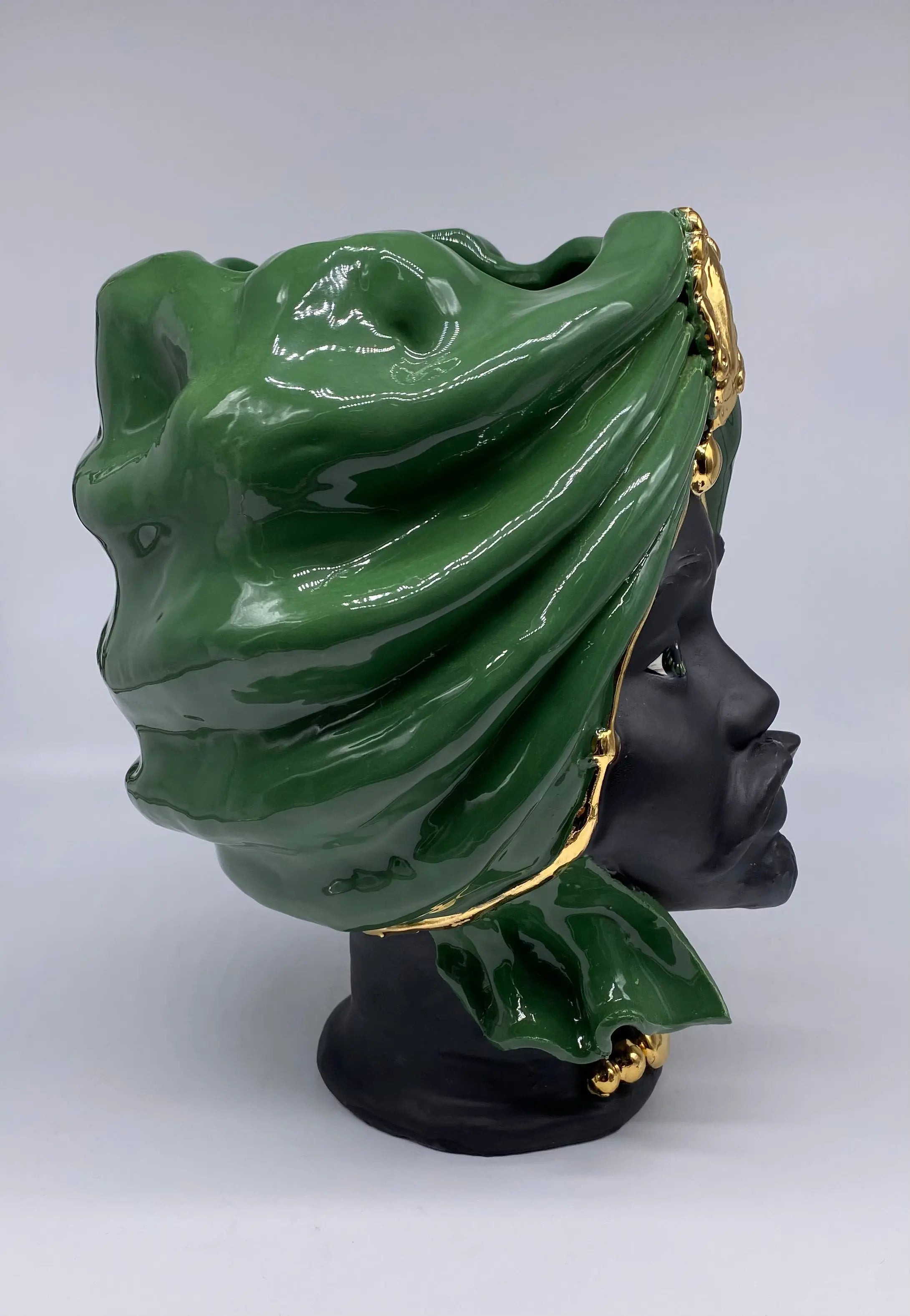 Teste di Moro Atena Ceramica Caltagirone cm H.30 L.23 Artigianale Verde Nero Oro DD CERAMICHE SICILIANE