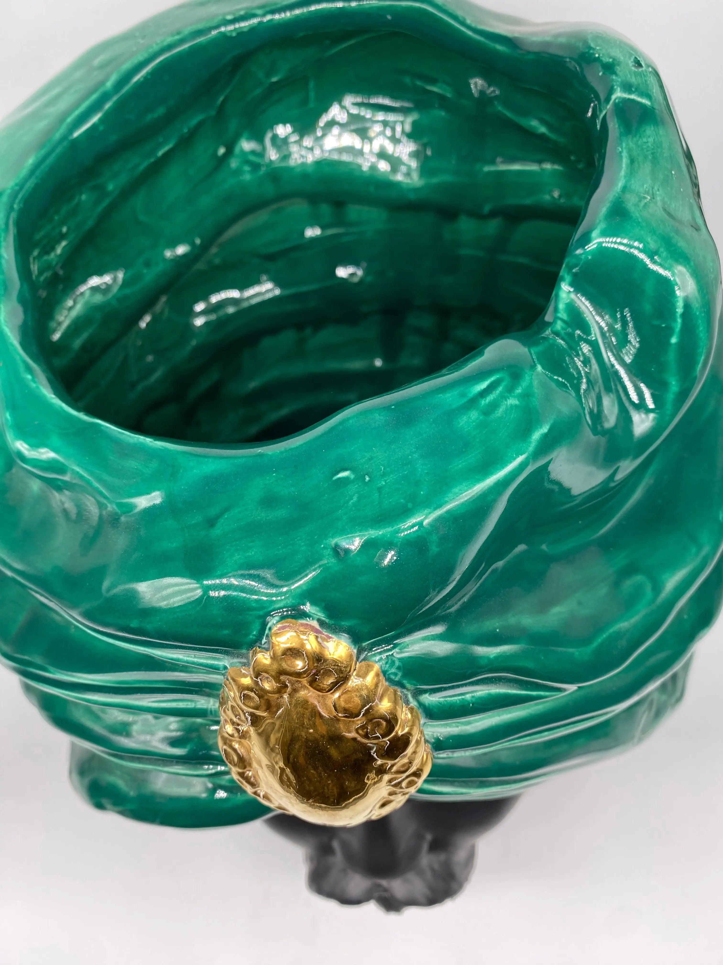 Teste di Moro Atena Ceramica Caltagirone cm H.40 L.28 Artigianale Verde Scuro Nero Oro DD CERAMICHE SICILIANE