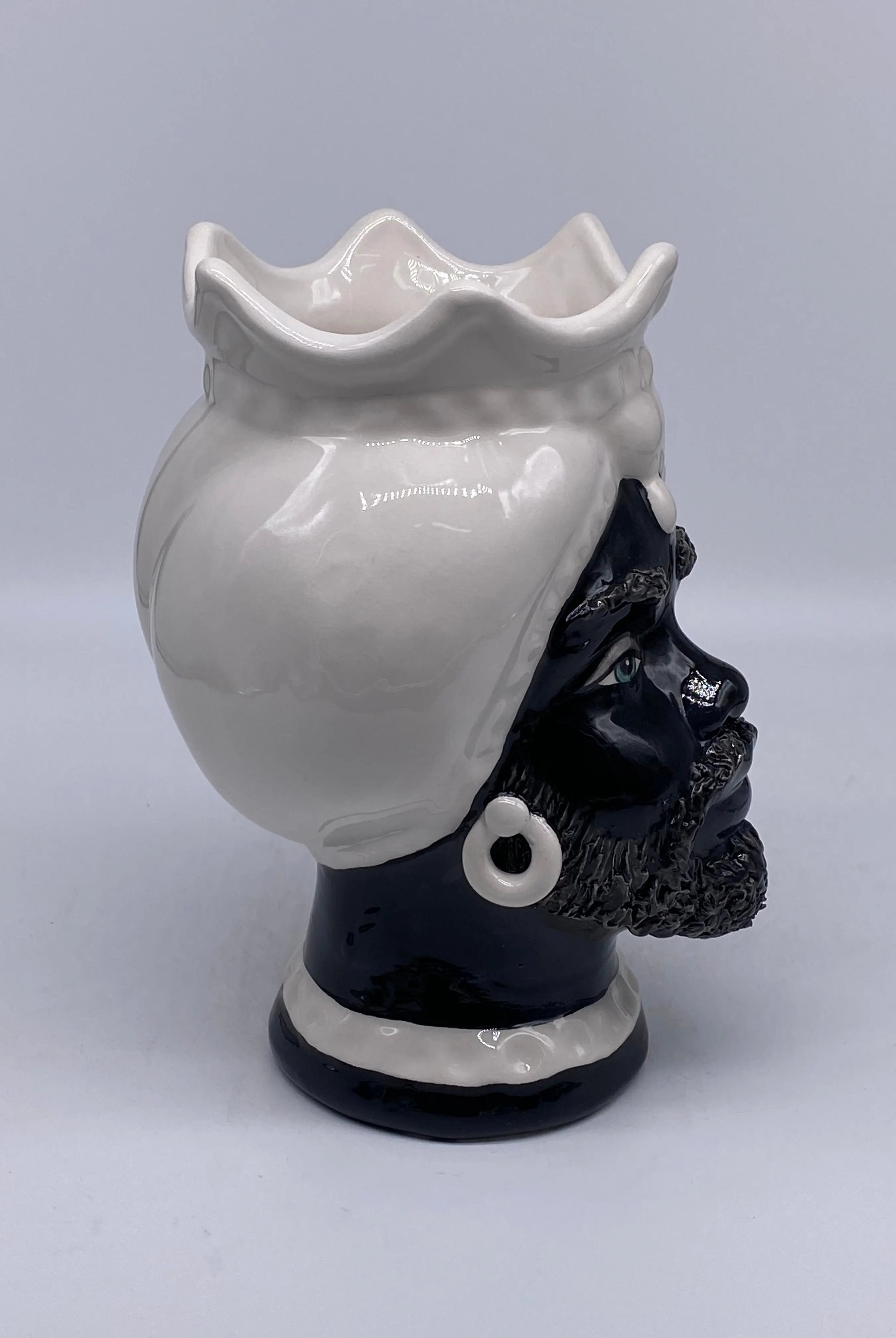 Teste di Moro Luis Ceramica Caltagirone cm H.22 L.15 Artigianale Turbante Liscio Bianco Nero DD CERAMICHE SICILIANE