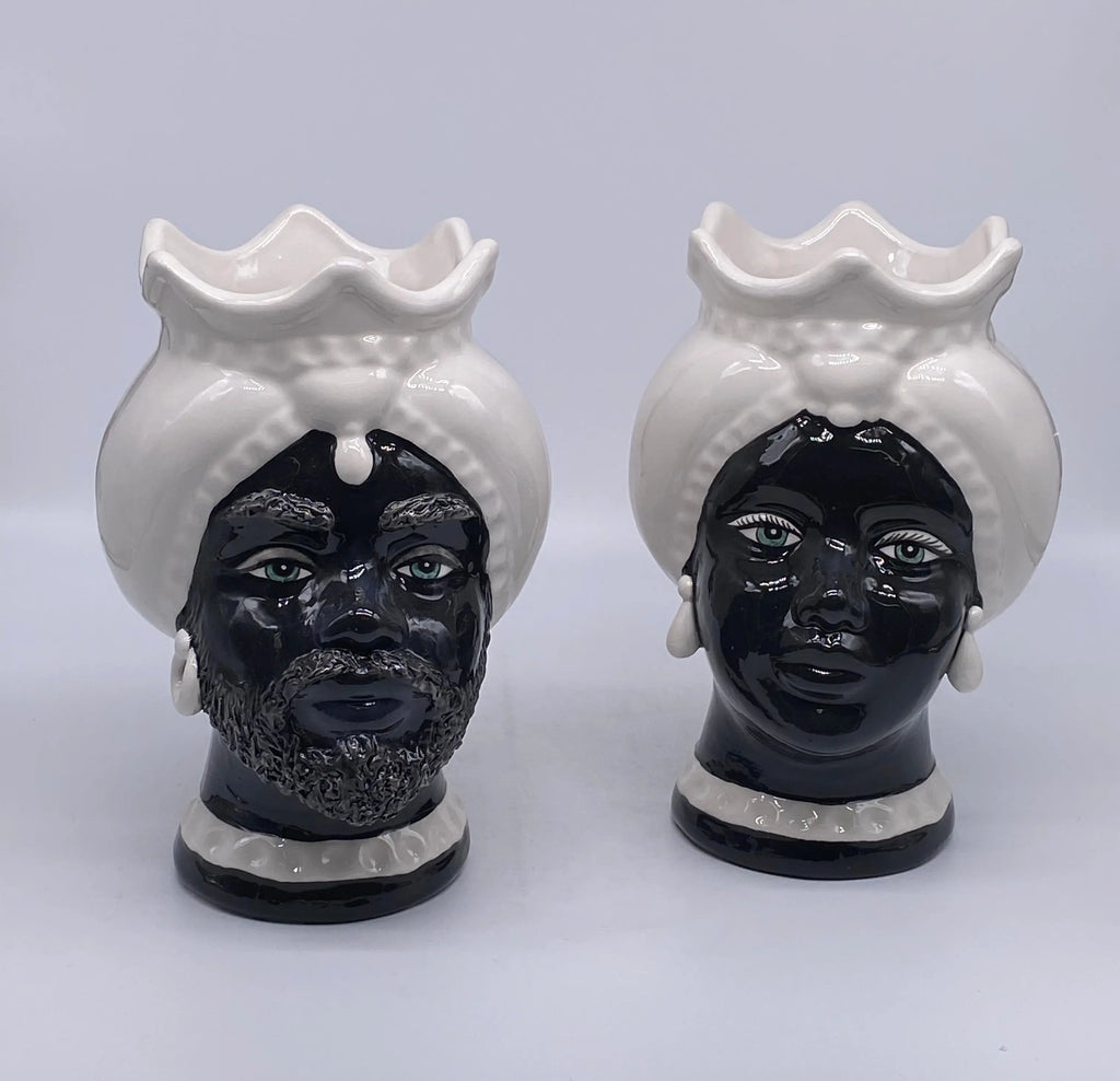 Teste di Moro Luis Ceramica Caltagirone cm H.22 L.15 Artigianale Turbante Liscio Bianco Nero DD CERAMICHE SICILIANE