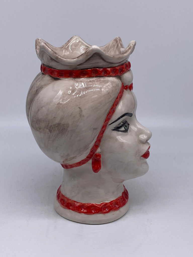 Teste di Moro Luis Ceramica Caltagirone cm H.22 L.15 Artigianale Turbante Liscio Écru Rosso DD CERAMICHE SICILIANE
