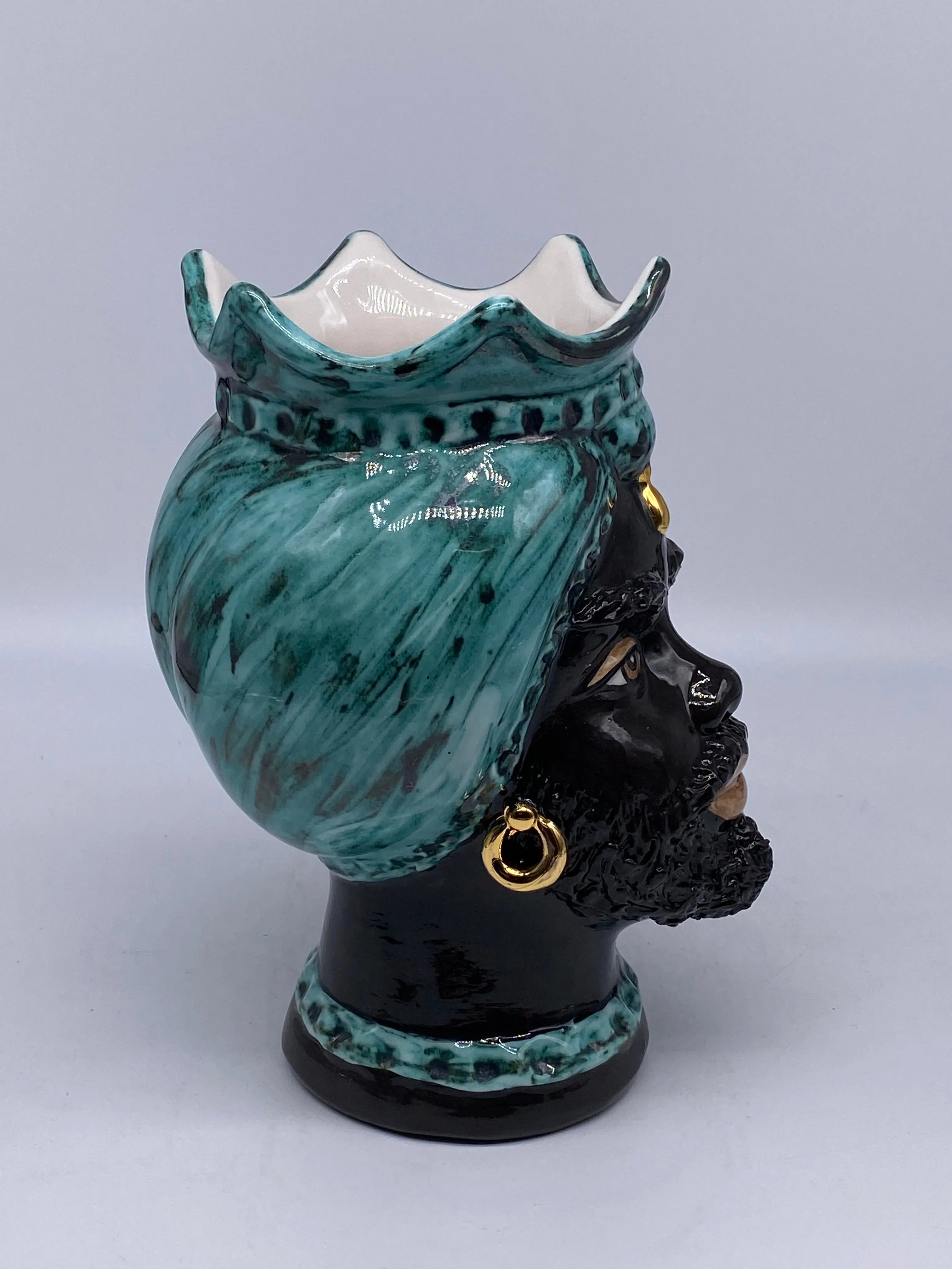 Teste di Moro Luis Ceramica Caltagirone cm H.22 L.15 Artigianale Turbante Liscio Verde Nero Oro DD CERAMICHE SICILIANE