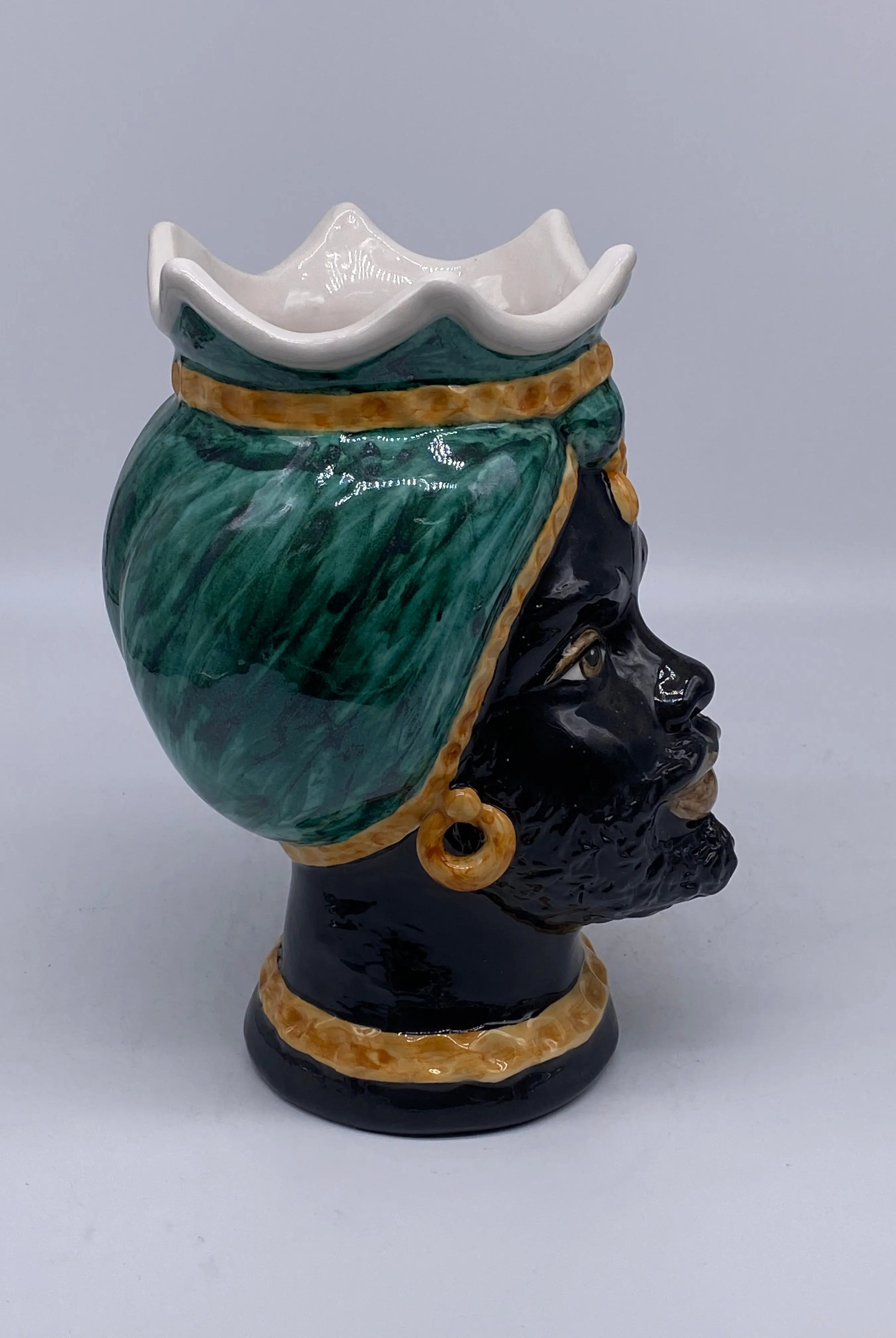 Teste di Moro Luis Ceramica Caltagirone cm H.22 L.15 Artigianale Turbante Liscio Verde Ocra DD CERAMICHE SICILIANE