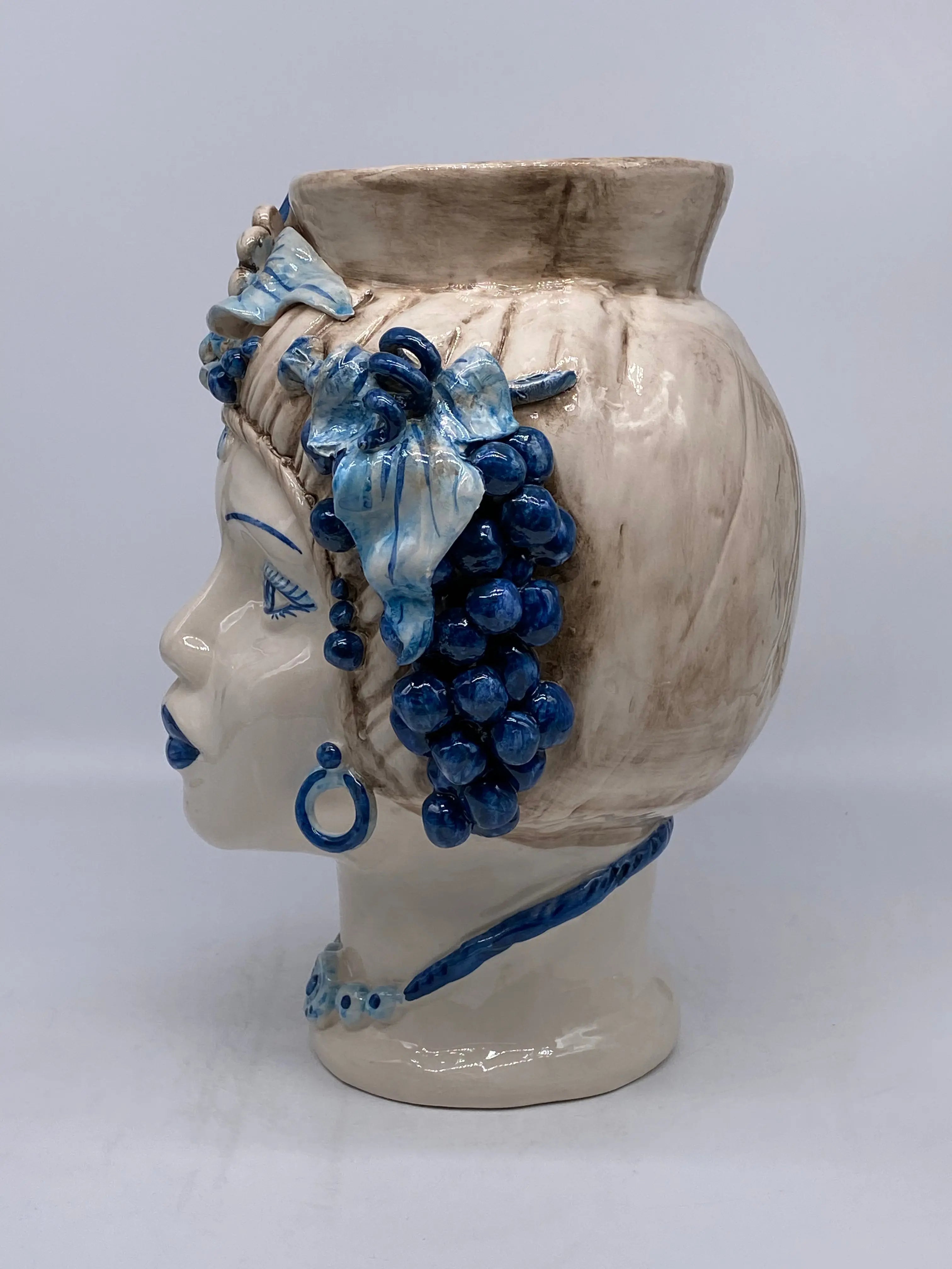 Teste di Moro Mediterraneo Ceramica Caltagirone cm H.29 L.22 Artigianale Bicolore Blu DD CERAMICHE SICILIANE
