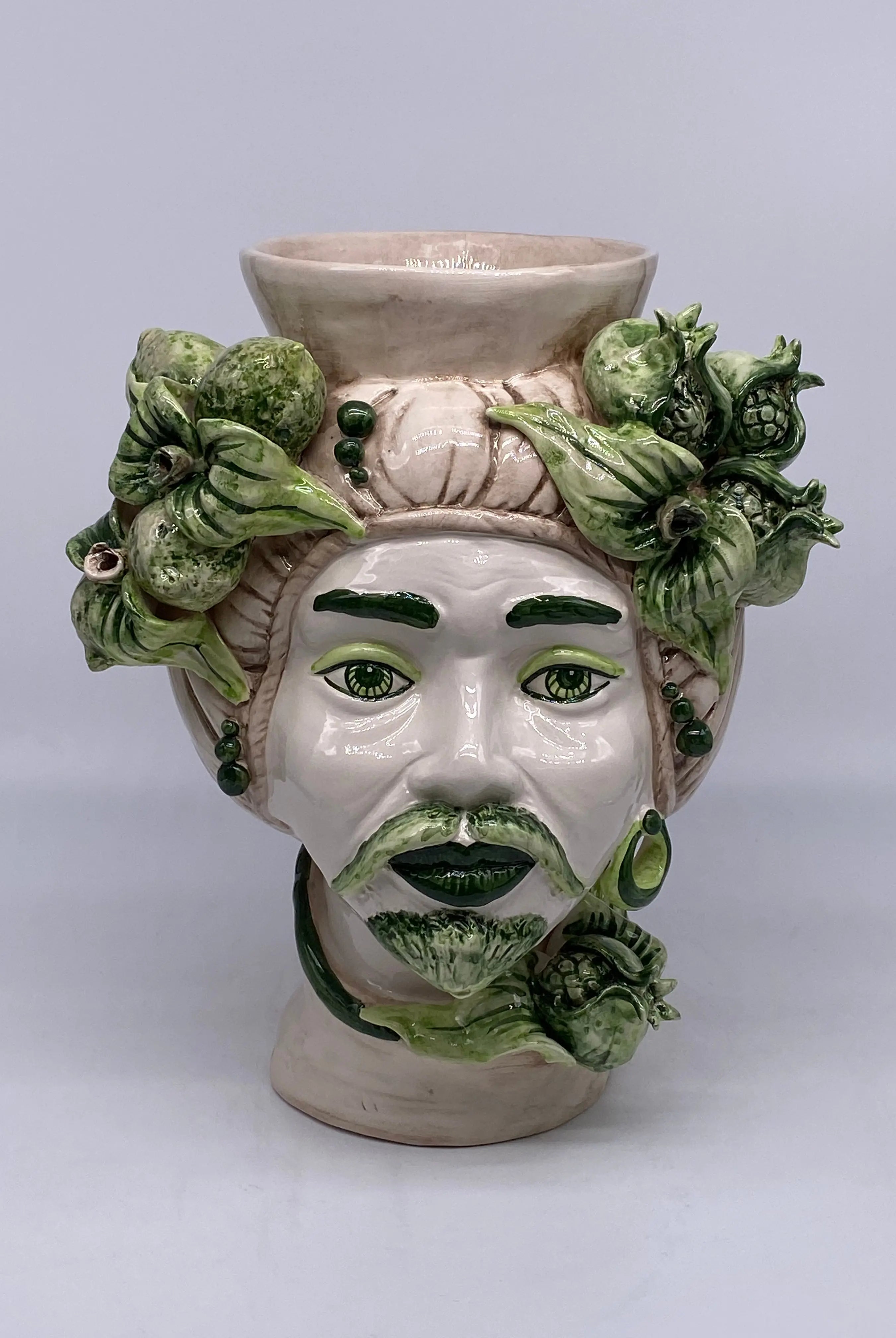 Teste di Moro Mediterraneo Ceramica Caltagirone cm H.29 L.22 Artigianale Bicolore Verde DD CERAMICHE SICILIANE