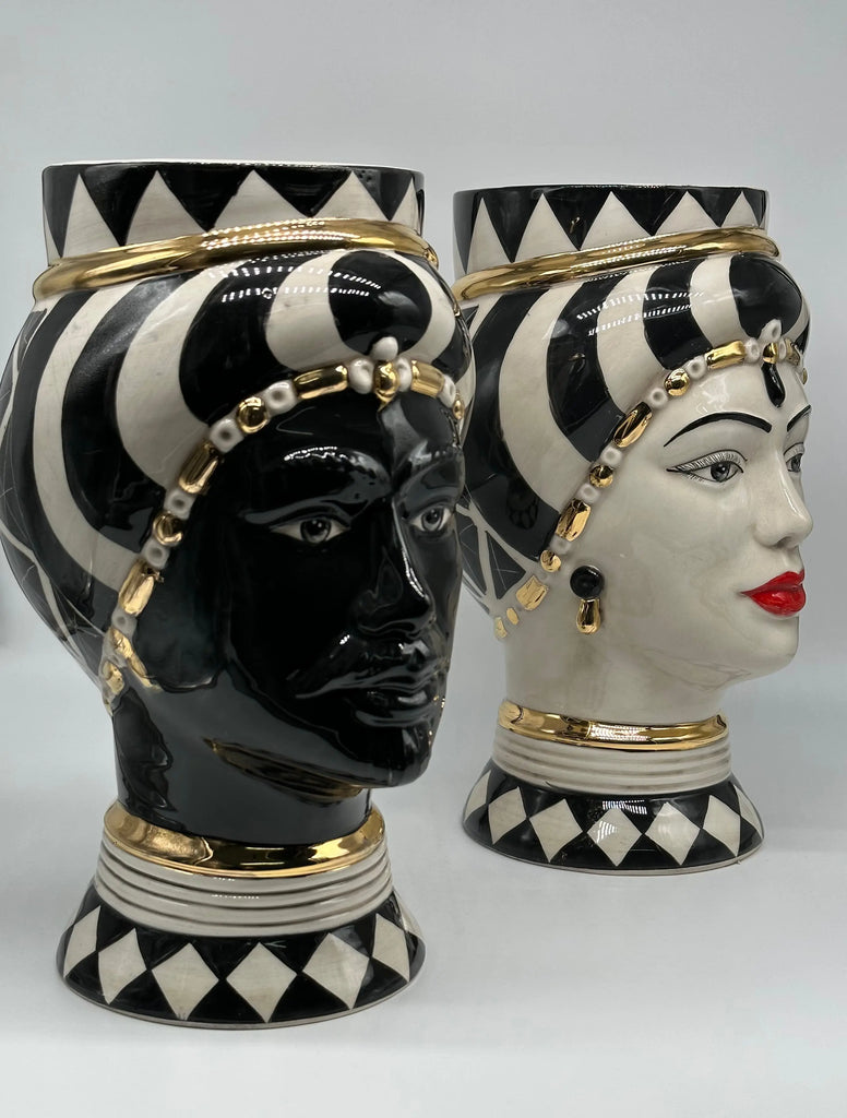 Teste di Moro Token Ceramica Caltagirone cm H.31 L.18 Artigianale Bianco Nero Oro DD CERAMICHE SICILIANE