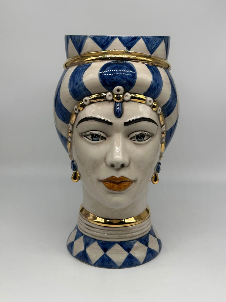 Teste di Moro Token Ceramica Caltagirone cm H.31 L.18 Artigianale Blu Bianco Oro DD CERAMICHE SICILIANE