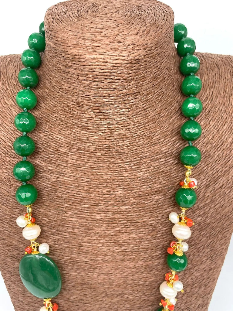 Collana Artigianale Pietre Verde, Corallo e Perle bianche - DD CERAMICHE SICILIANE
