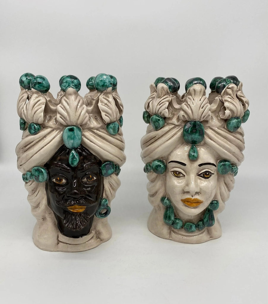 Coppia Teste di Moro Corona Sfere Ceramica Caltagirone cm H.20 L.12 Artigianale VARI COLORI - DD CERAMICHE SICILIANE