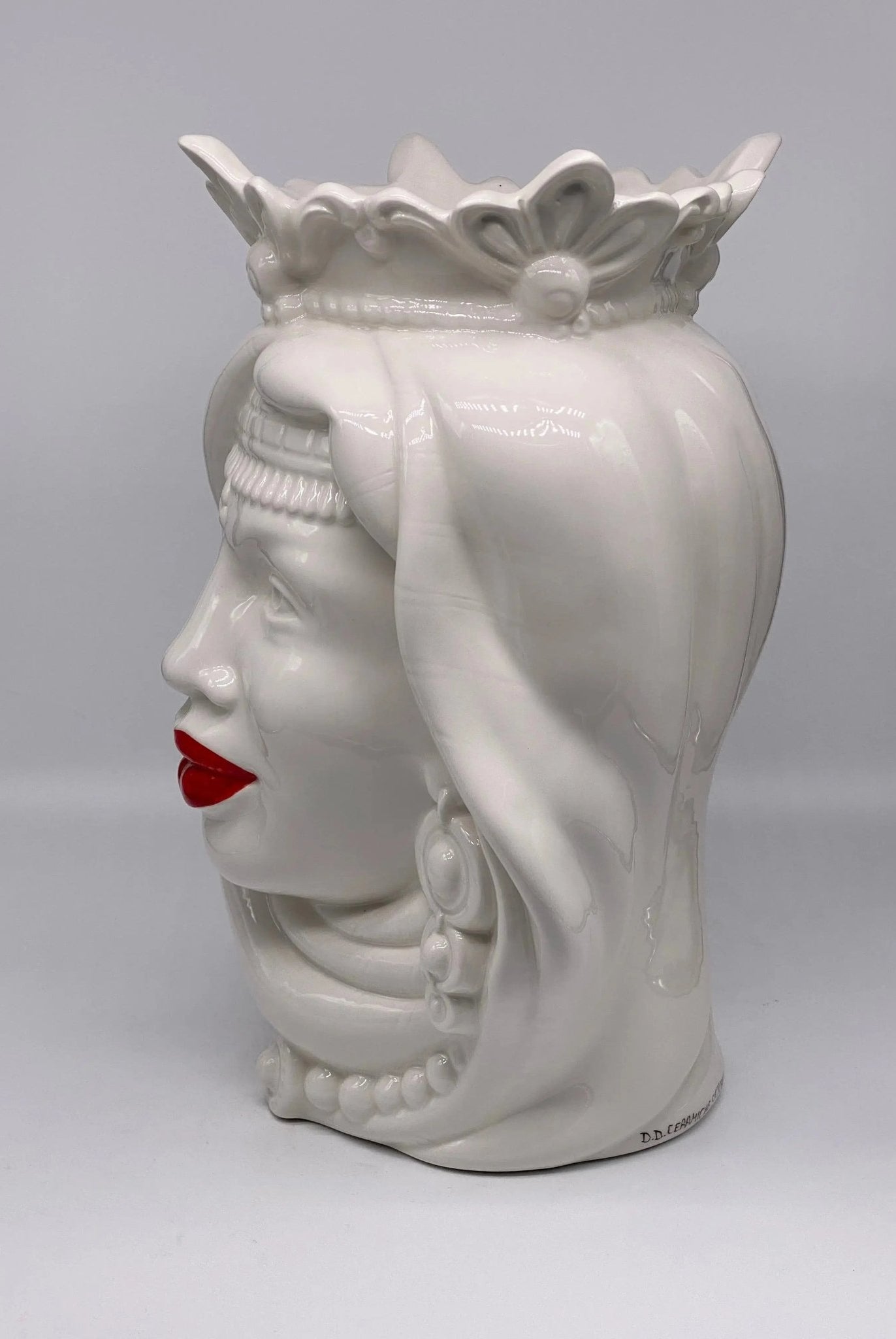 FINE SERIE- Testa di Moro Afro Ceramica Caltagirone cm H.35 L.23 Artigianale Bianco Labbra Rosse - DD CERAMICHE SICILIANE
