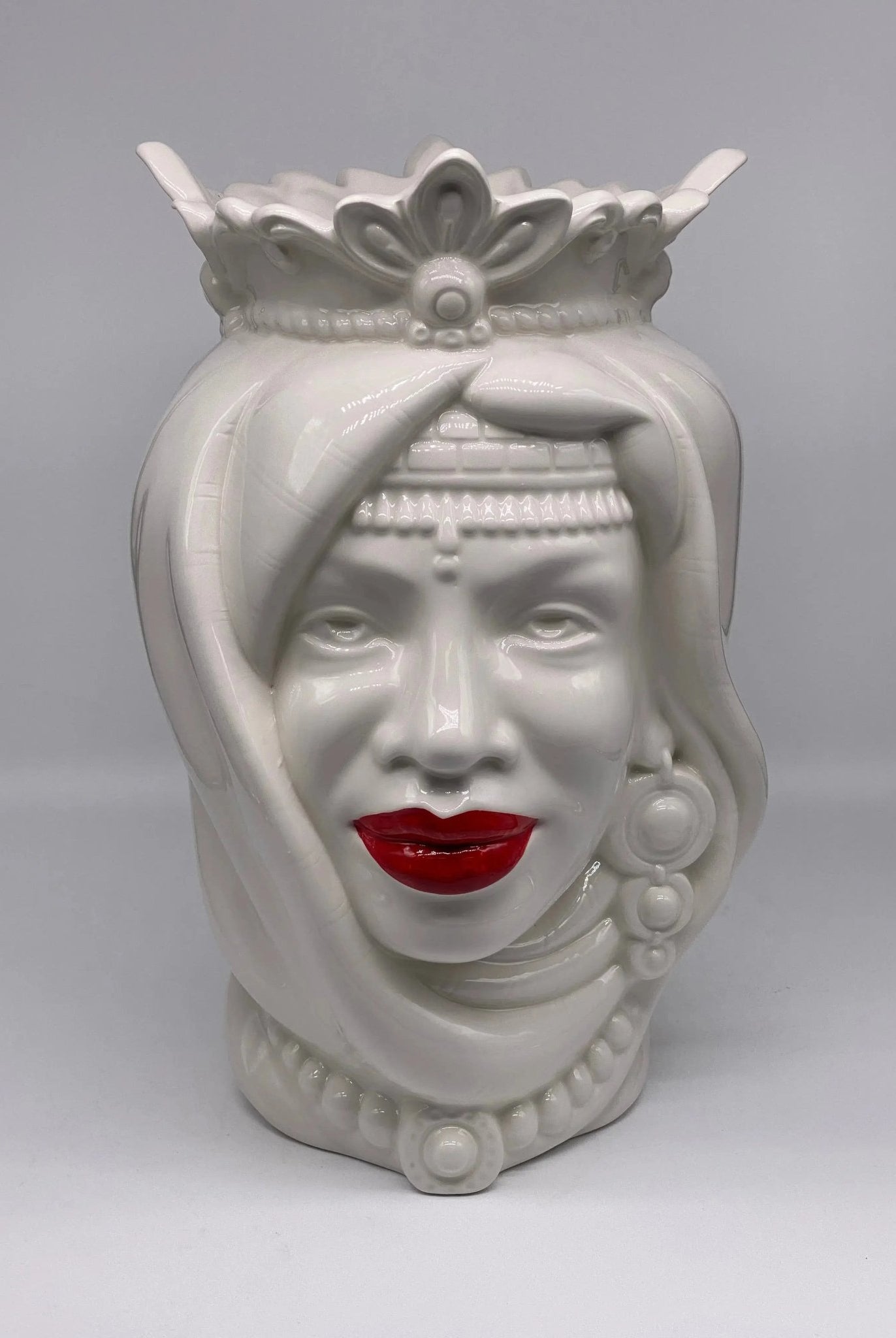FINE SERIE- Testa di Moro Afro Ceramica Caltagirone cm H.35 L.23 Artigianale Bianco Labbra Rosse - DD CERAMICHE SICILIANE
