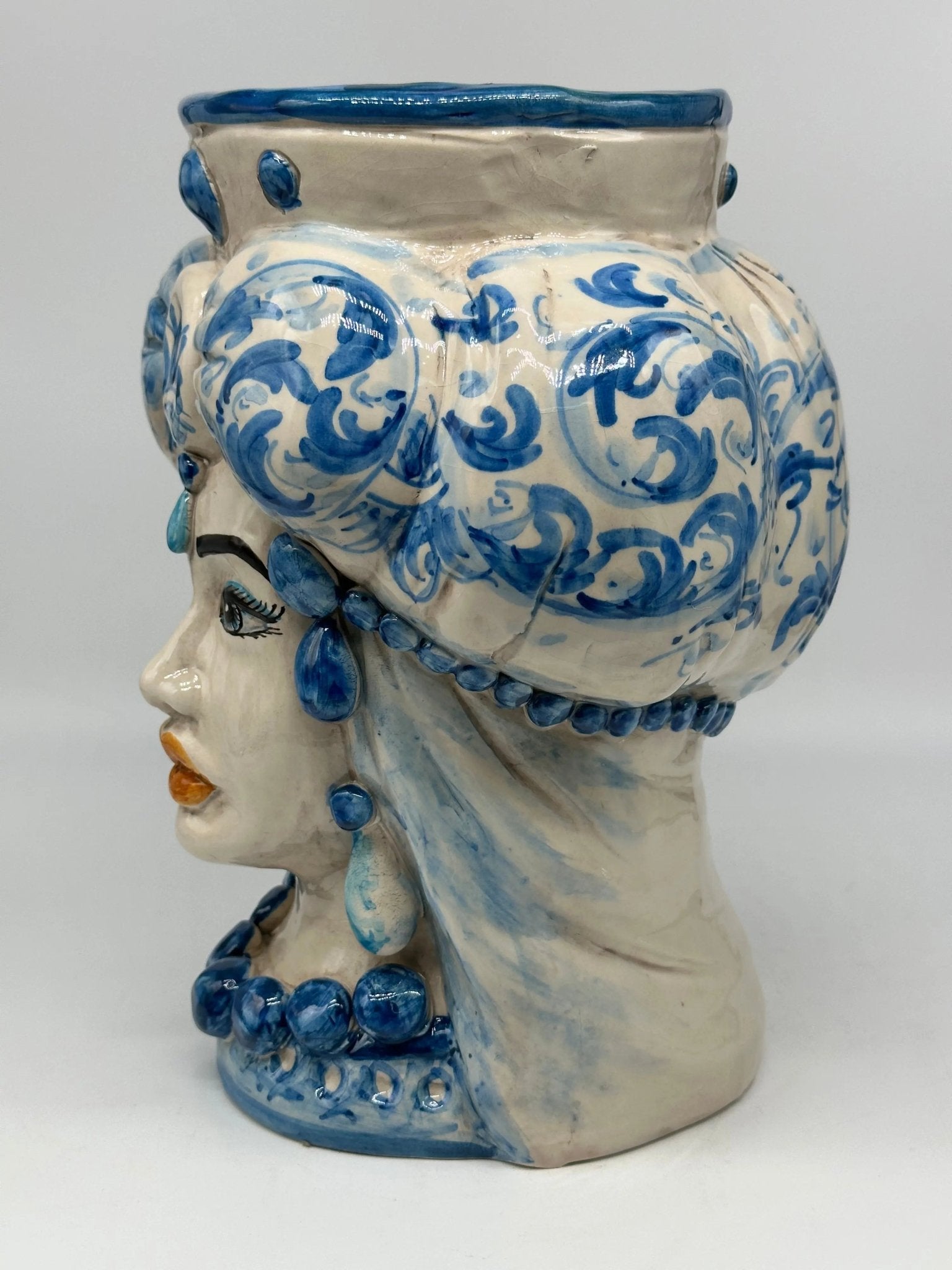 FINE SERIE - Testa di Moro Persia Ceramica Caltagirone cm H.30 L.22 Artigianale Decorazione Barocco Blu - DD CERAMICHE SICILIANE