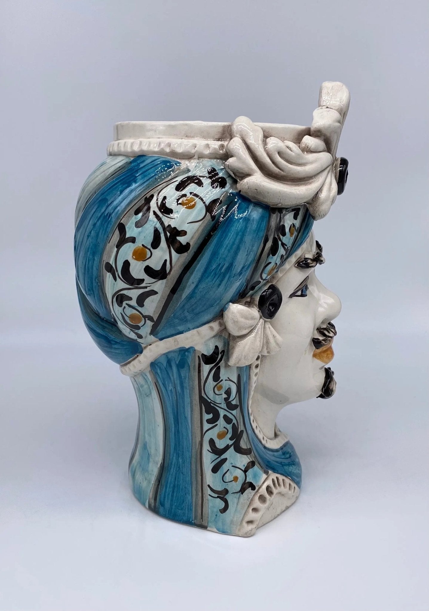FINE SERIE - Testa di Moro Uomo Moresca Ceramica Caltagirone cm H.28 L.19 Artigianale Decorazione 2020 Blu - DD CERAMICHE SICILIANE