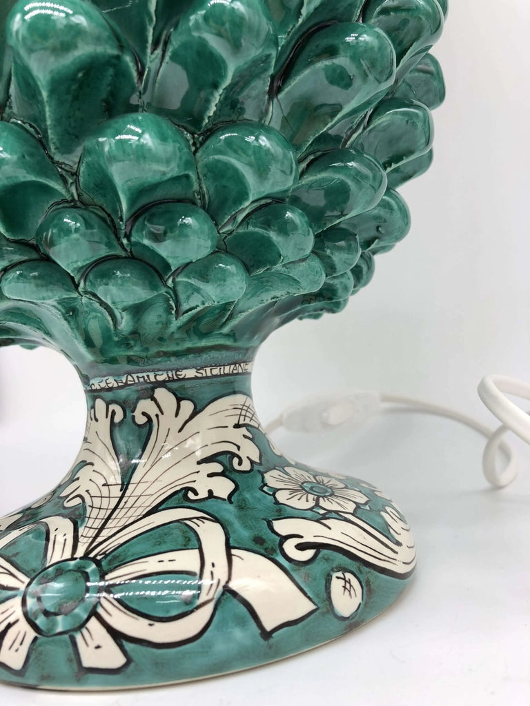 Lampada Pigna Ceramica Caltagirone cm H.30 Artigianale Verde Cristallo Base Decorata - DD CERAMICHE SICILIANE