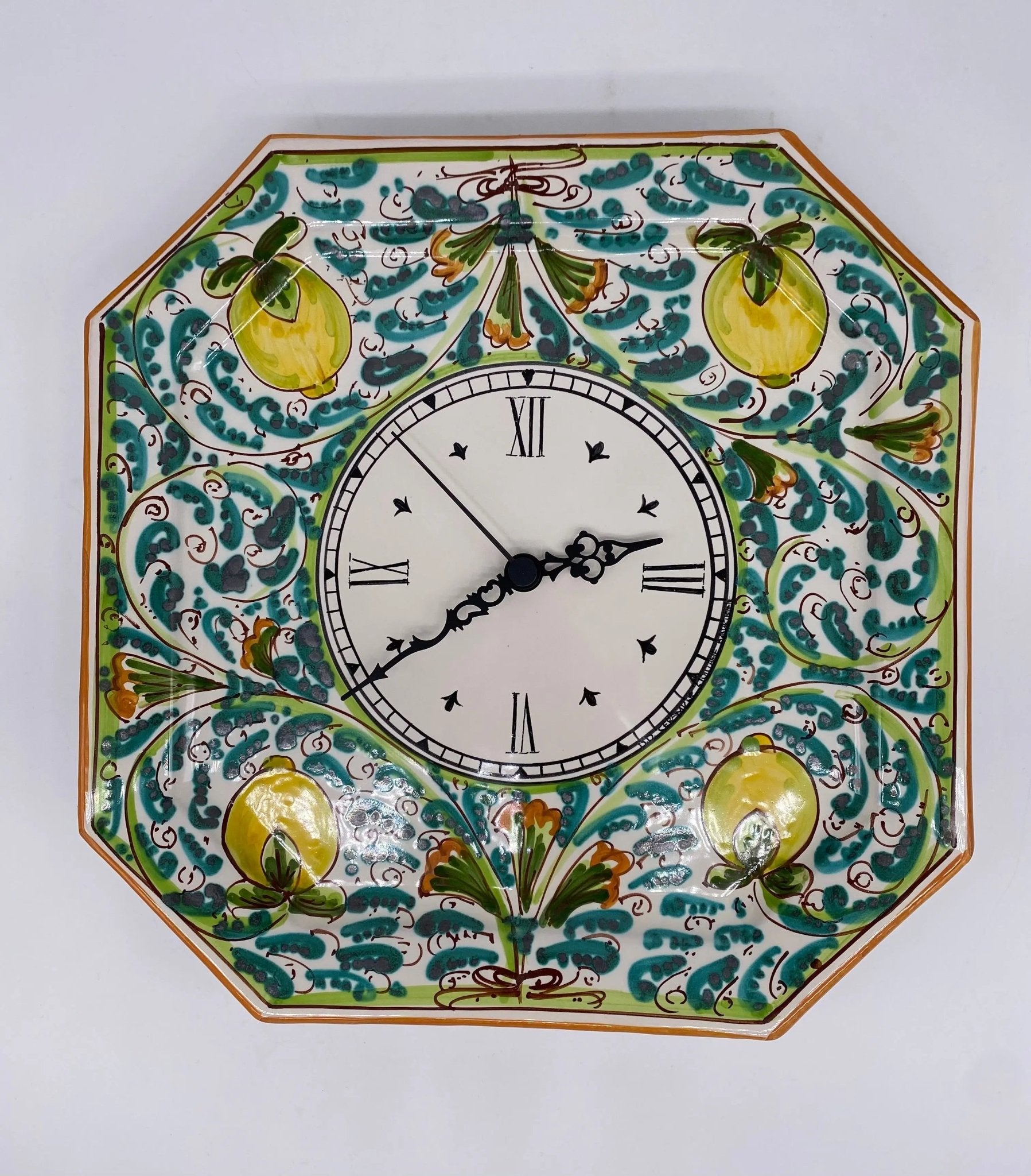 Orologio da Parete Ceramica Caltagirone Ottagonale dipinto a mano cm 32 Decoro n.3 - DD CERAMICHE SICILIANE