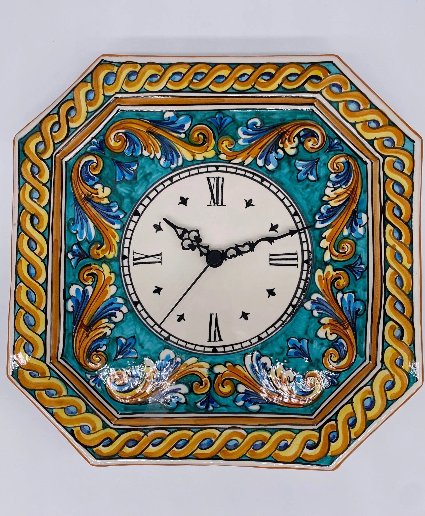 Orologio da Parete Ceramica Caltagirone Ottagonale dipinto a mano cm 32 Decoro n.4 - DD CERAMICHE SICILIANE