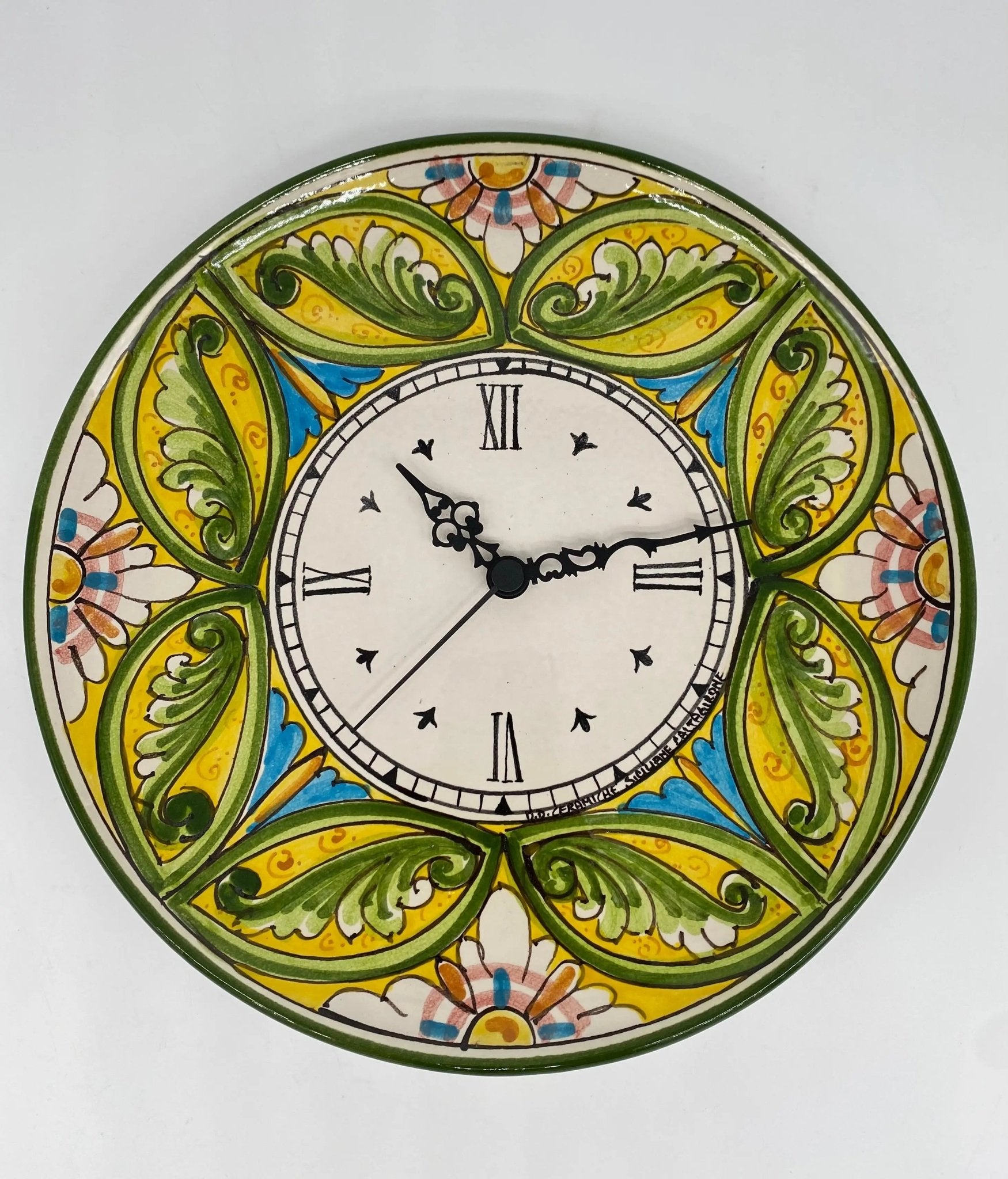Orologio da Parete Ceramica Caltagirone Rotondo dipinto a mano cm D.30 Decoro n.1 - DD CERAMICHE SICILIANE