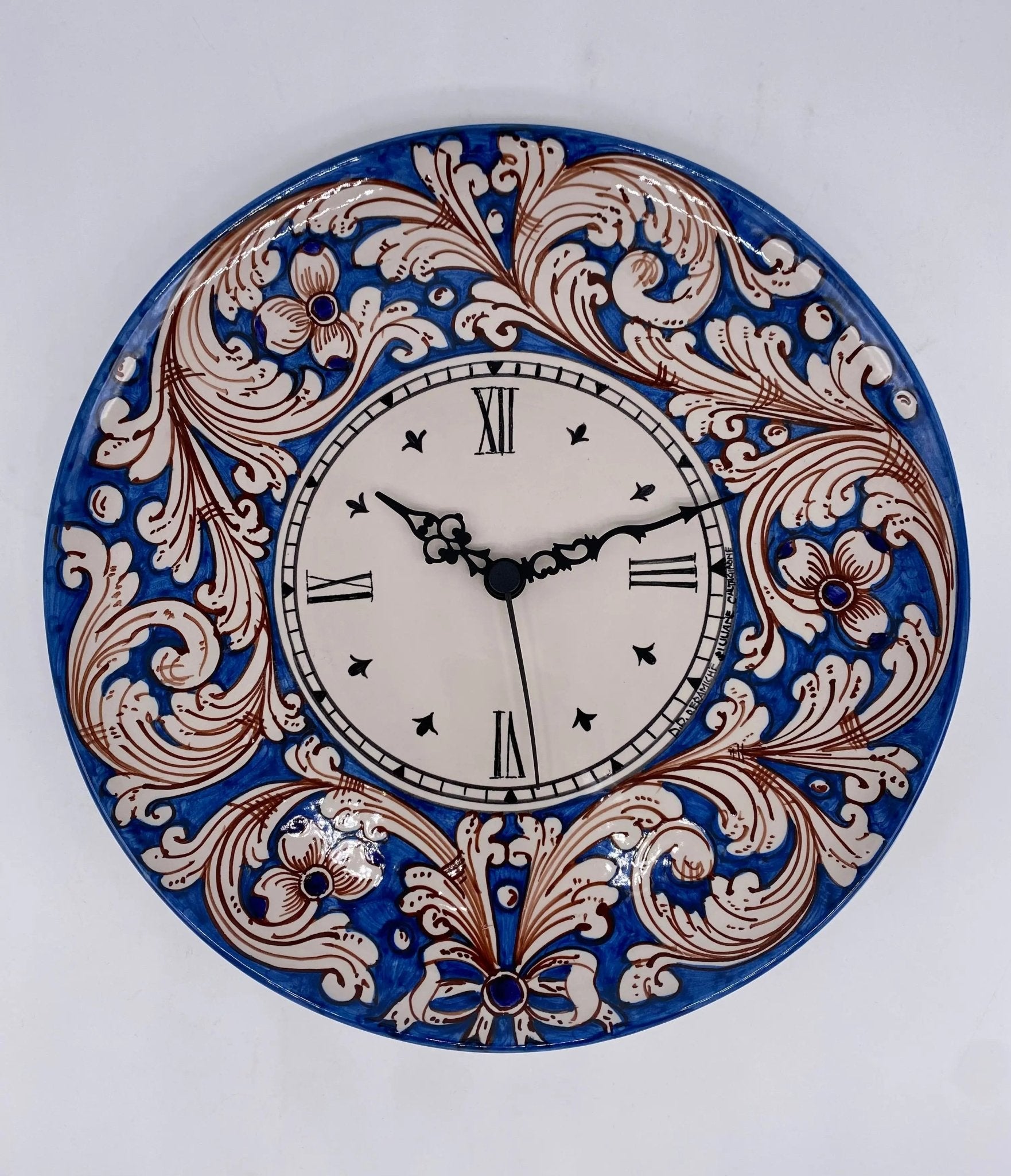 Orologio da Parete Ceramica Caltagirone Rotondo dipinto a mano cm D.30 Decoro n.5 - DD CERAMICHE SICILIANE