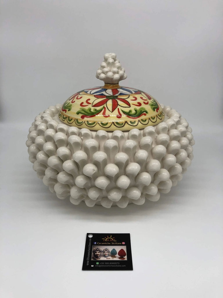 Pigna Biscottiera Decorata Ceramica Caltagirone cm H.23 L.25 D.14 Artigianale Bianco - DD CERAMICHE SICILIANE