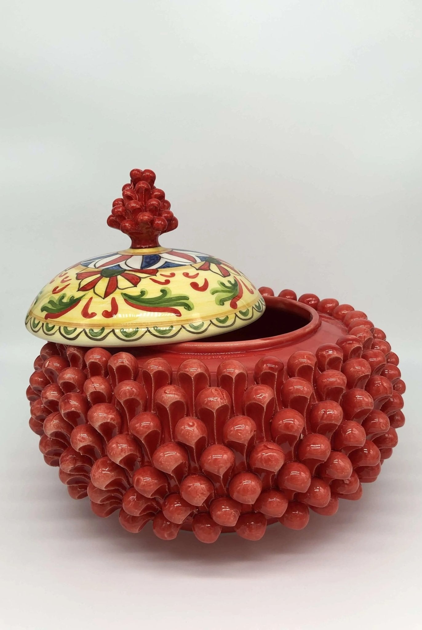 Pigna Biscottiera Decorata Ceramica Caltagirone cm H.23 L.25 D.14 Artigianale Rosso - DD CERAMICHE SICILIANE