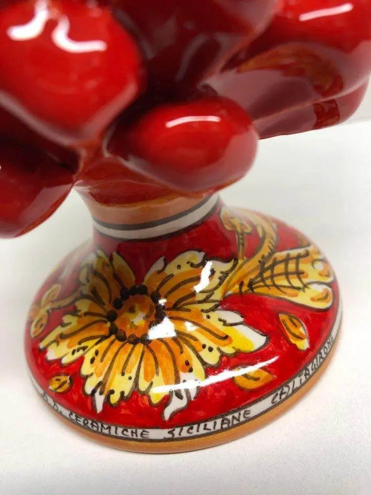 Pigna Ceramica Caltagirone cm H.20 Artigianale Rosso Base Decorata Giglio - DD CERAMICHE SICILIANE