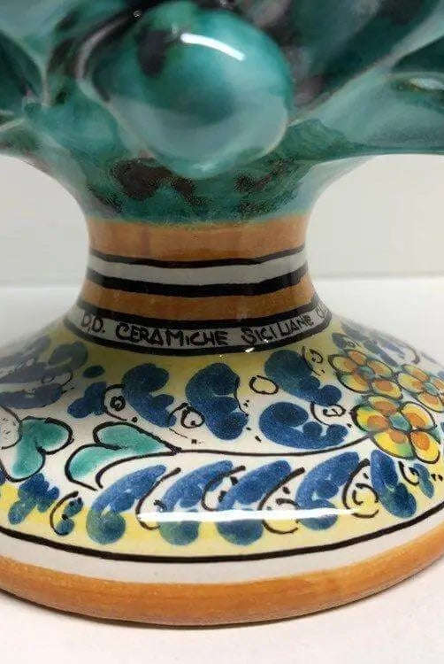 Pigna Ceramica Caltagirone cm H.20 Artigianale Verde Acqua Base Decorata Fiori - DD CERAMICHE SICILIANE