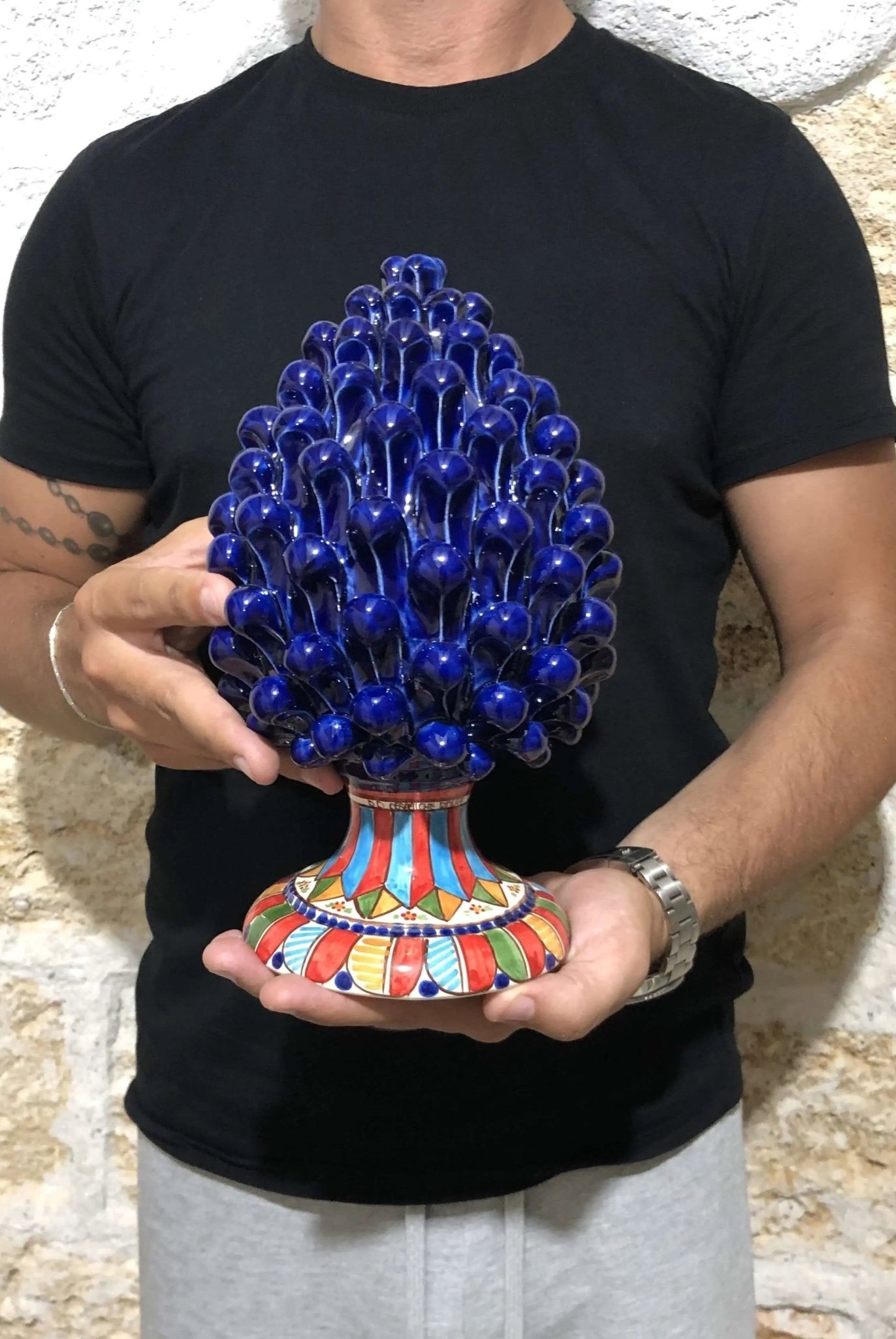 Pigna Ceramica Caltagirone cm H.25 Artigianale Blu Base Decorata 2021 - DD CERAMICHE SICILIANE