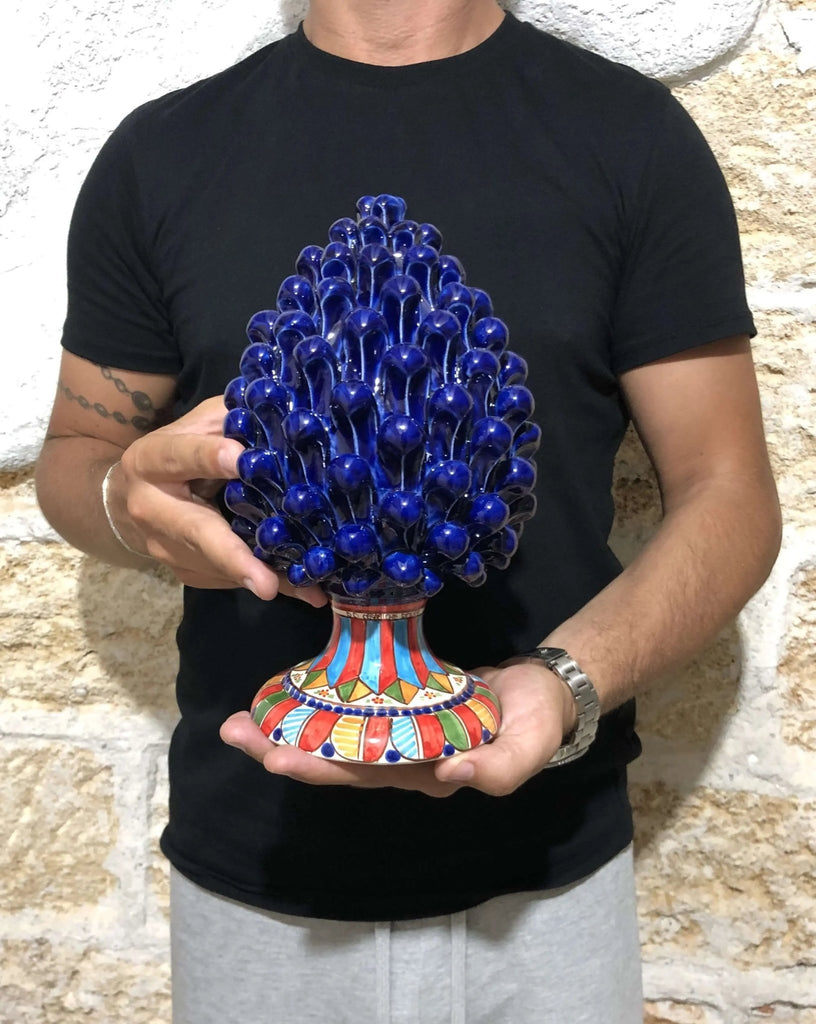 Pigna Ceramica Caltagirone cm H.25 Artigianale Blu Base Decorata 2021 - DD CERAMICHE SICILIANE
