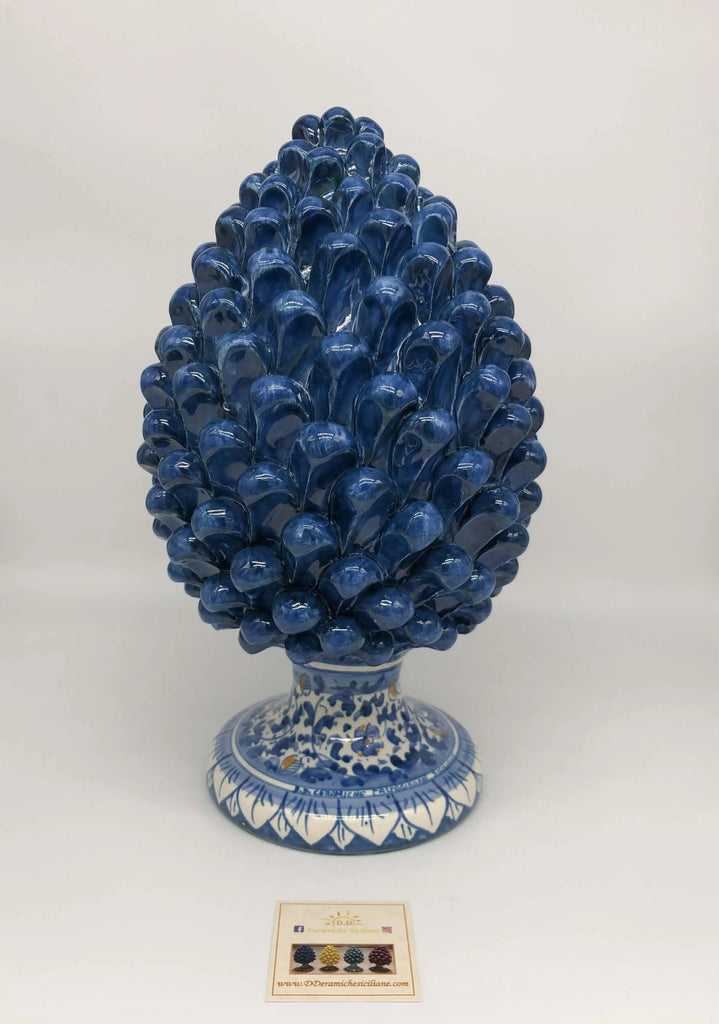Pigna Ceramica Caltagirone cm H.30 Artigianale Blu Antico Base Decorata Fiori - DD CERAMICHE SICILIANE
