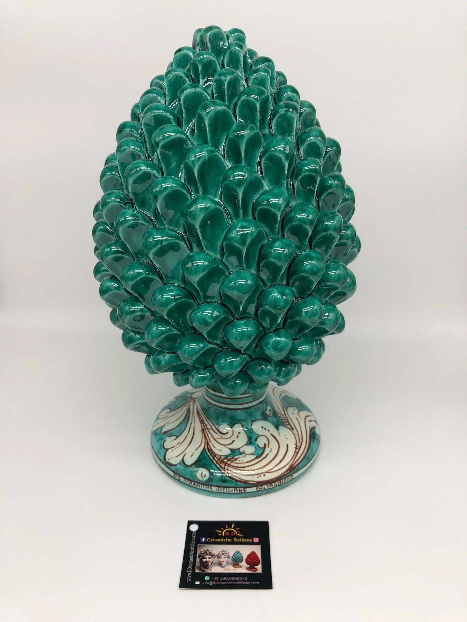 Pigna Ceramica Caltagirone cm H.30 Artigianale Verde Cristallo Base Decorata - DD CERAMICHE SICILIANE