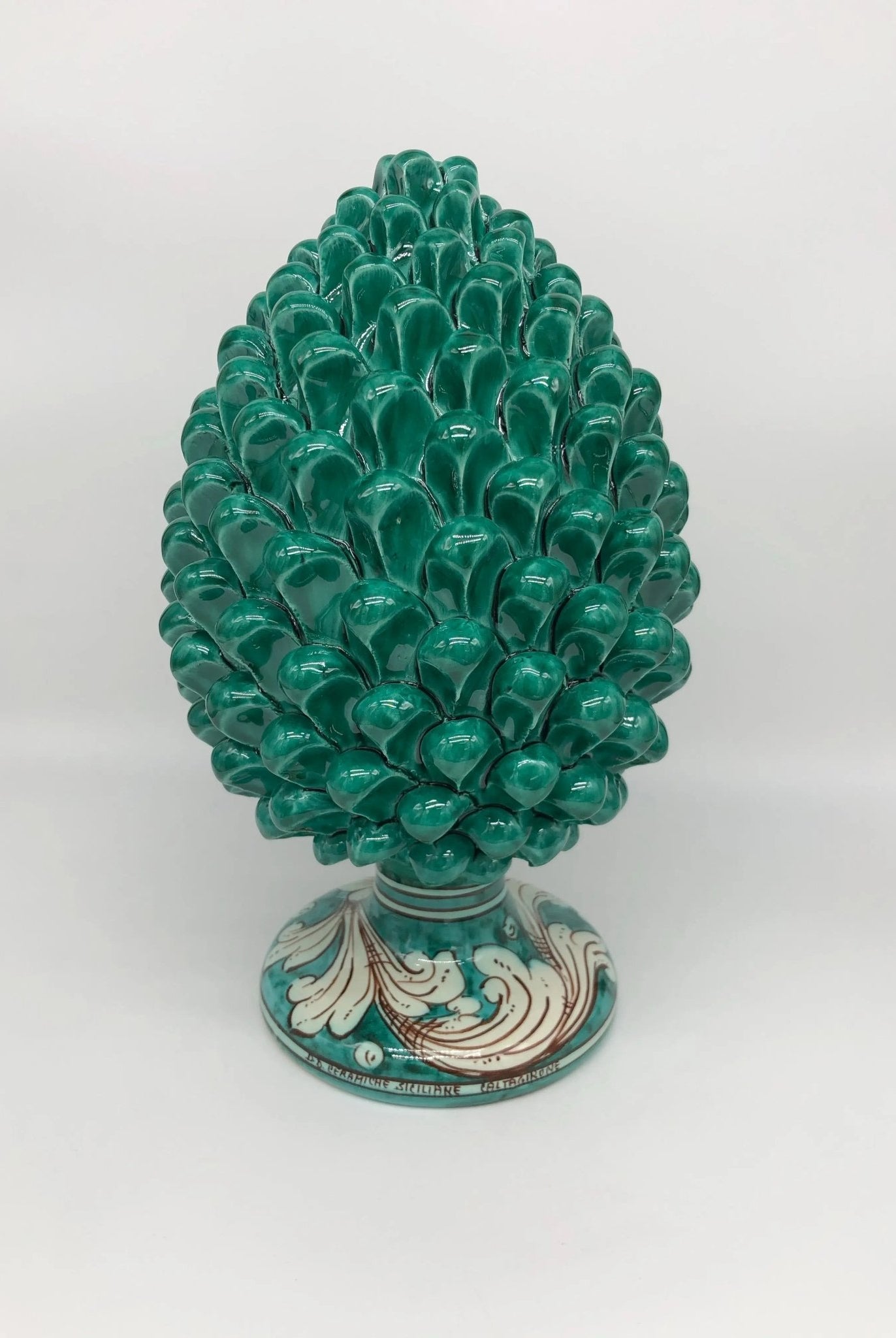 Pigna Ceramica Caltagirone cm H.30 Artigianale Verde Cristallo Base Decorata - DD CERAMICHE SICILIANE