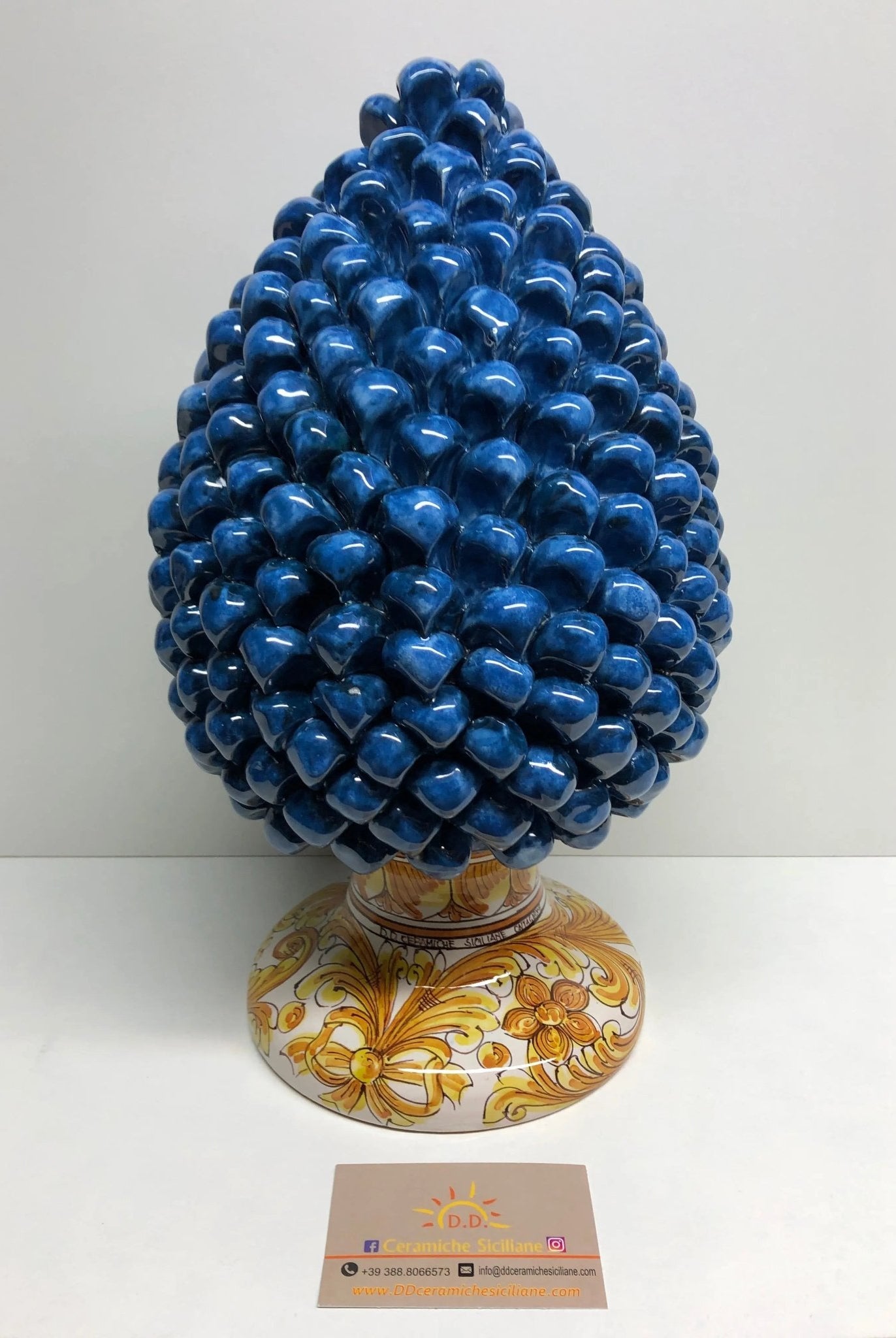 Pigna Ceramica Caltagirone cm H.35 Artigianale Blu Antico Base Decorata - DD CERAMICHE SICILIANE