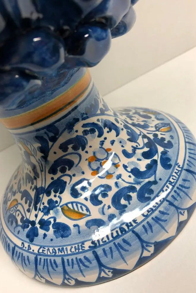 Pigna Ceramica Caltagirone cm H.35 Artigianale Blu Antico Base Decorata Fiori - DD CERAMICHE SICILIANE