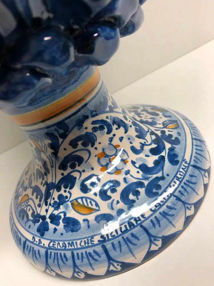 Pigna Ceramica Caltagirone cm H.35 Artigianale Blu Antico Base Decorata Fiori - DD CERAMICHE SICILIANE