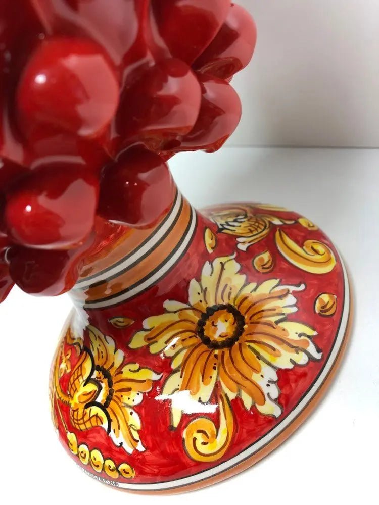 Pigna Ceramica Caltagirone cm H.35 Artigianale Rosso Base Decorata Giglio - DD CERAMICHE SICILIANE