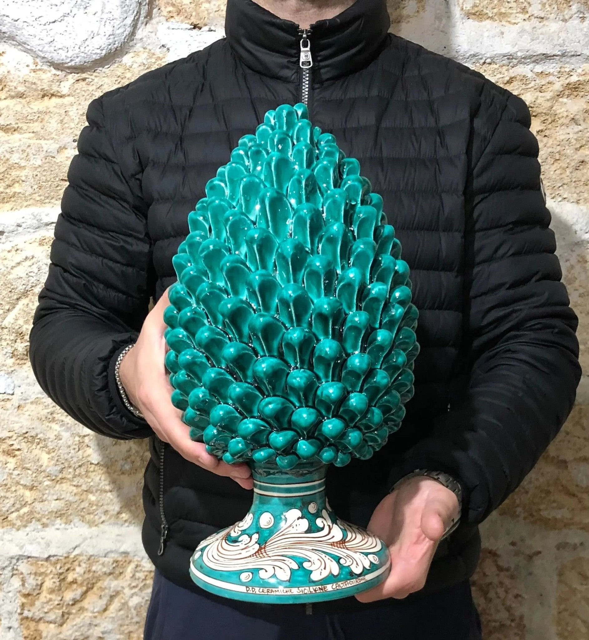 Pigna Ceramica Caltagirone cm H.35 Artigianale Verde Cristallo Base Decorata - DD CERAMICHE SICILIANE