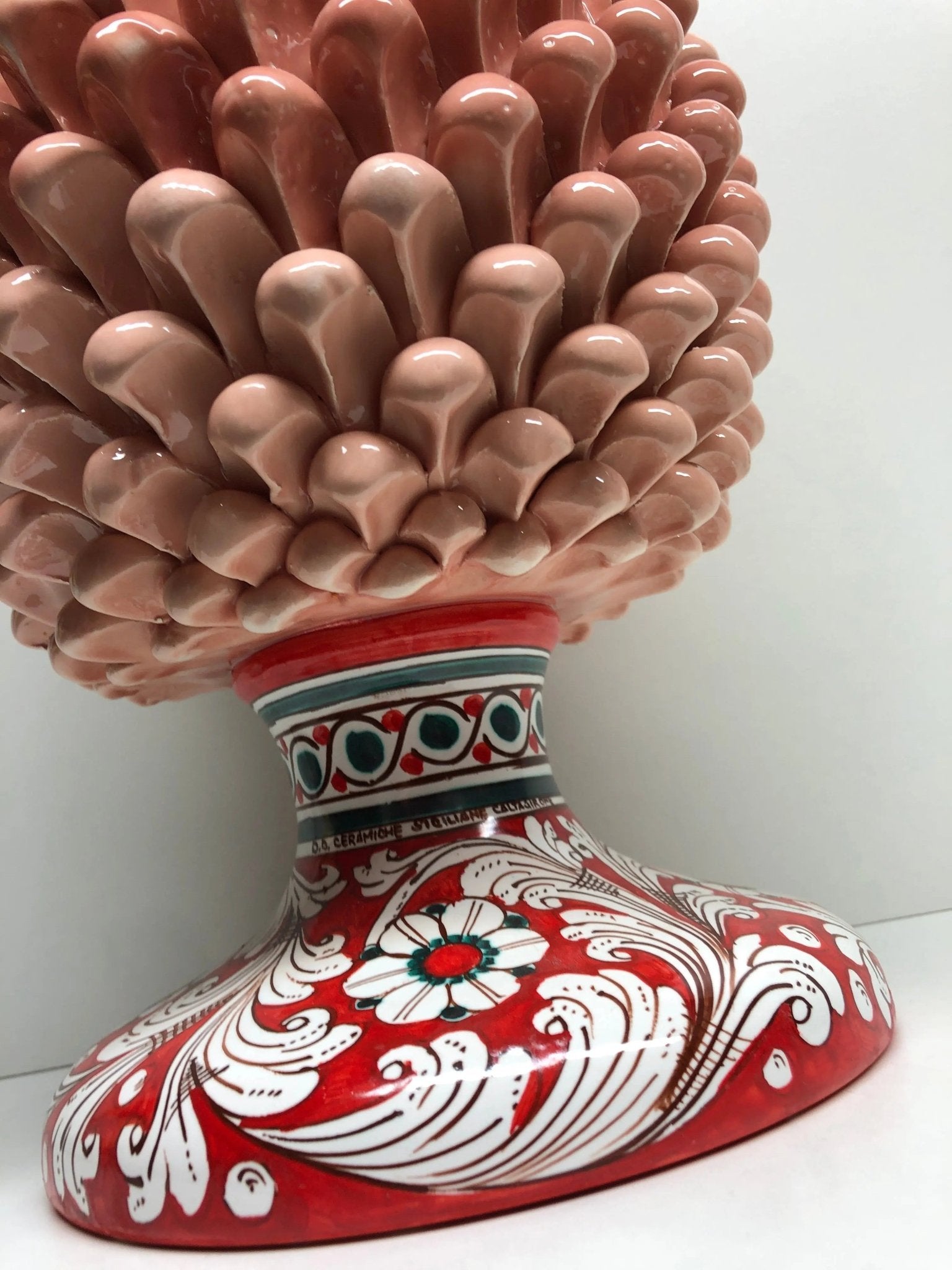 Pigna Ceramica Caltagirone cm H.40 Artigianale Rosa cipria Base Decorata Fiori DD CERAMICHE SICILIANE