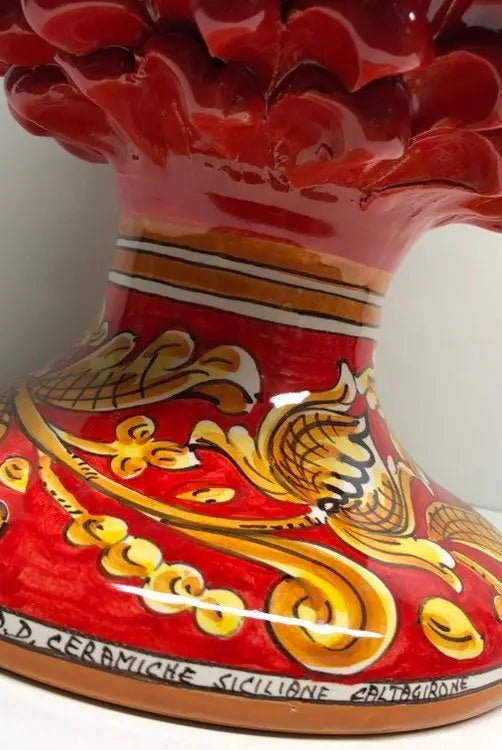 Pigna Ceramica Caltagirone cm H.40 Artigianale Rosso Base Decorata Giglio - DD CERAMICHE SICILIANE
