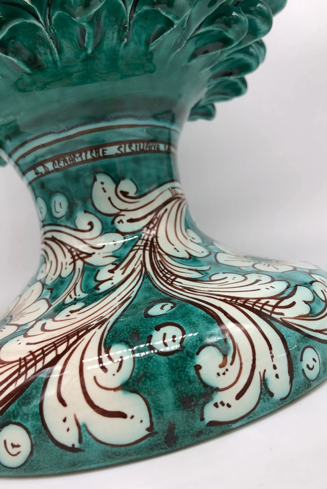 Pigna Ceramica Caltagirone cm H.40 Artigianale Verde Cristallo con Base Decorata DD CERAMICHE SICILIANE