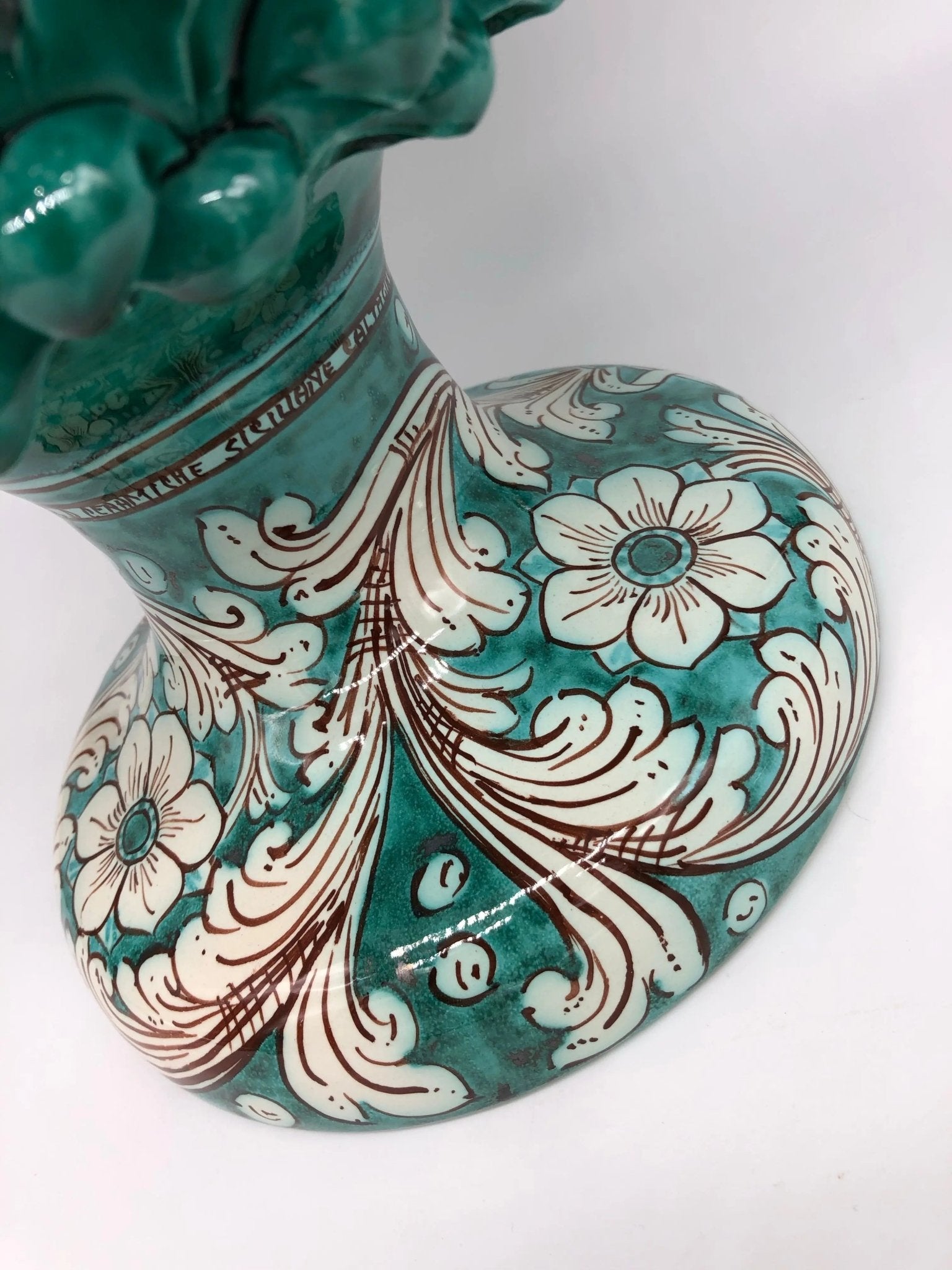 Pigna Ceramica Caltagirone cm H.40 Artigianale Verde Cristallo con Base Decorata DD CERAMICHE SICILIANE