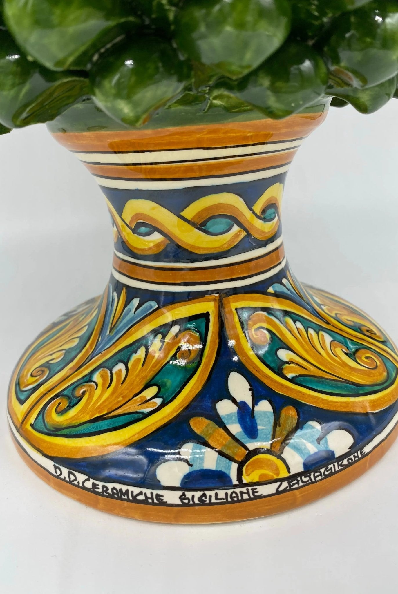 Pigna Ceramica Caltagirone cm H.40 Artigianale Verde Prato Base Decorata DD CERAMICHE SICILIANE