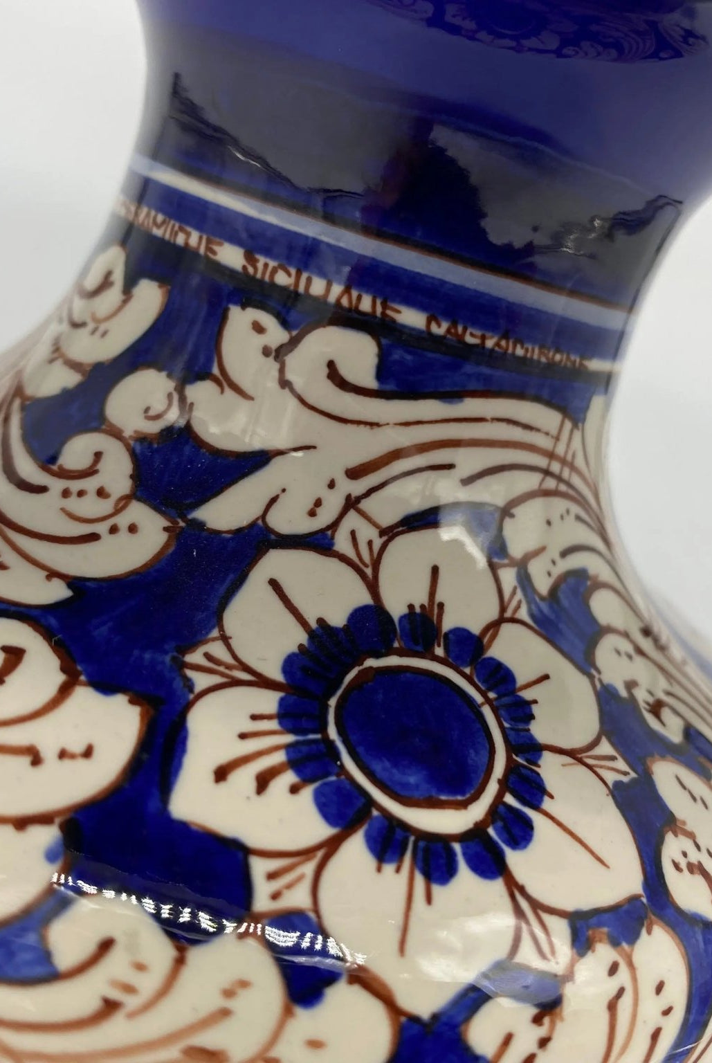 Portavaso Mezza Pigna Ceramica Caltagirone cm H.20 L.20 Artigianale Blu Base Decorata DD CERAMICHE SICILIANE