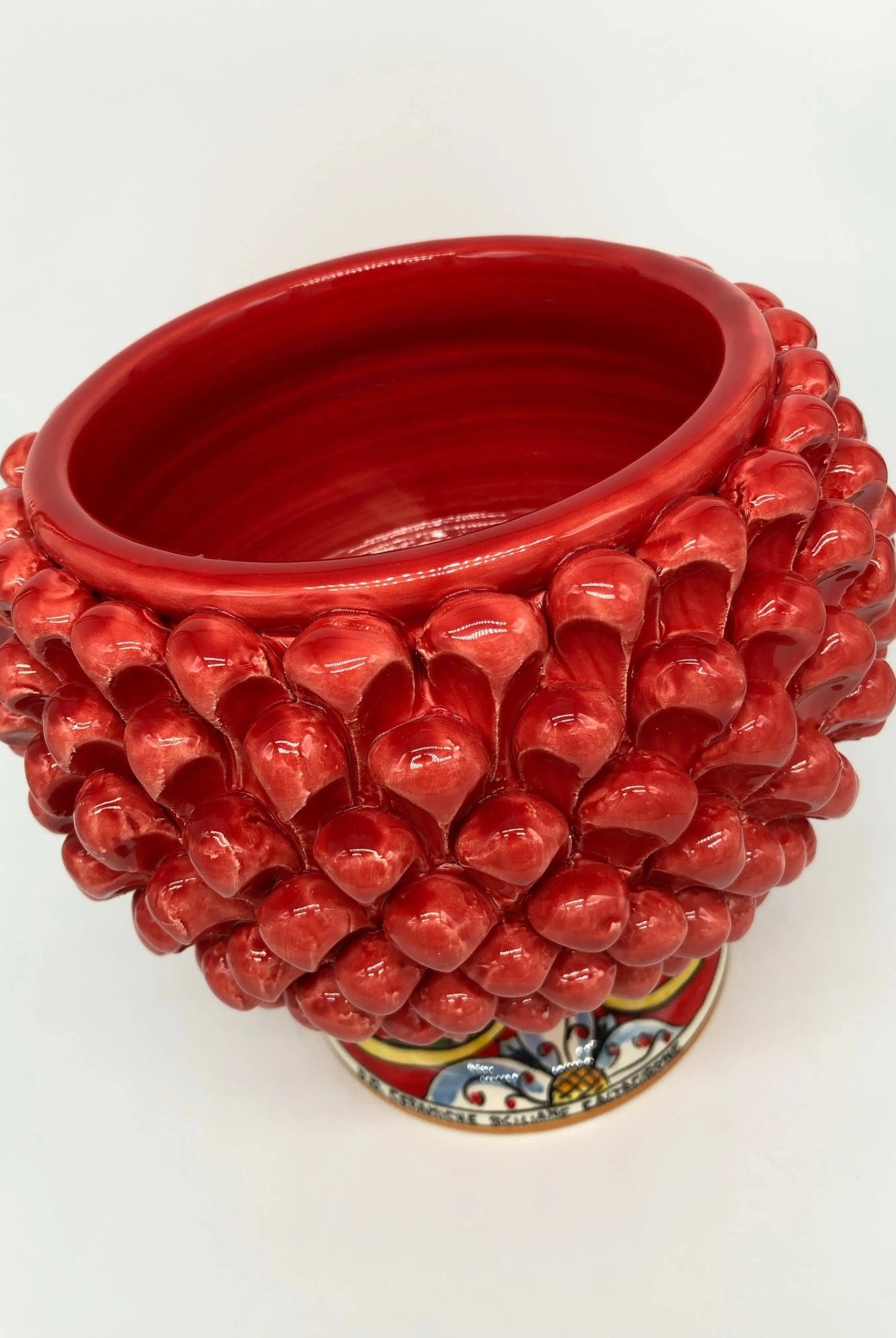 Portavaso Mezza Pigna Ceramica Caltagirone cm H.20 L.20 Artigianale Rosso Nuova Decorazione DD CERAMICHE SICILIANE