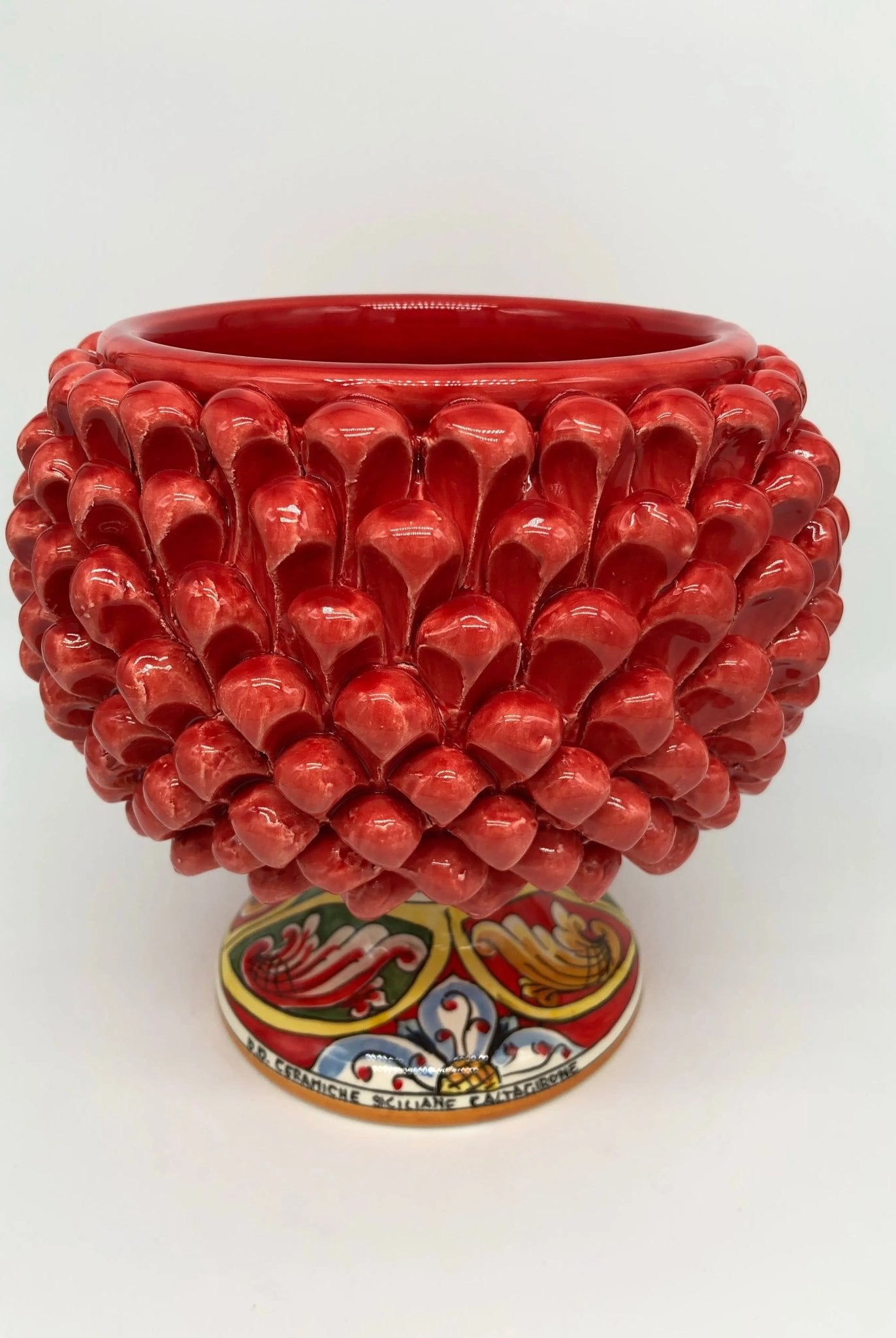 Portavaso Mezza Pigna Ceramica Caltagirone cm H.20 L.20 Artigianale Rosso Nuova Decorazione DD CERAMICHE SICILIANE