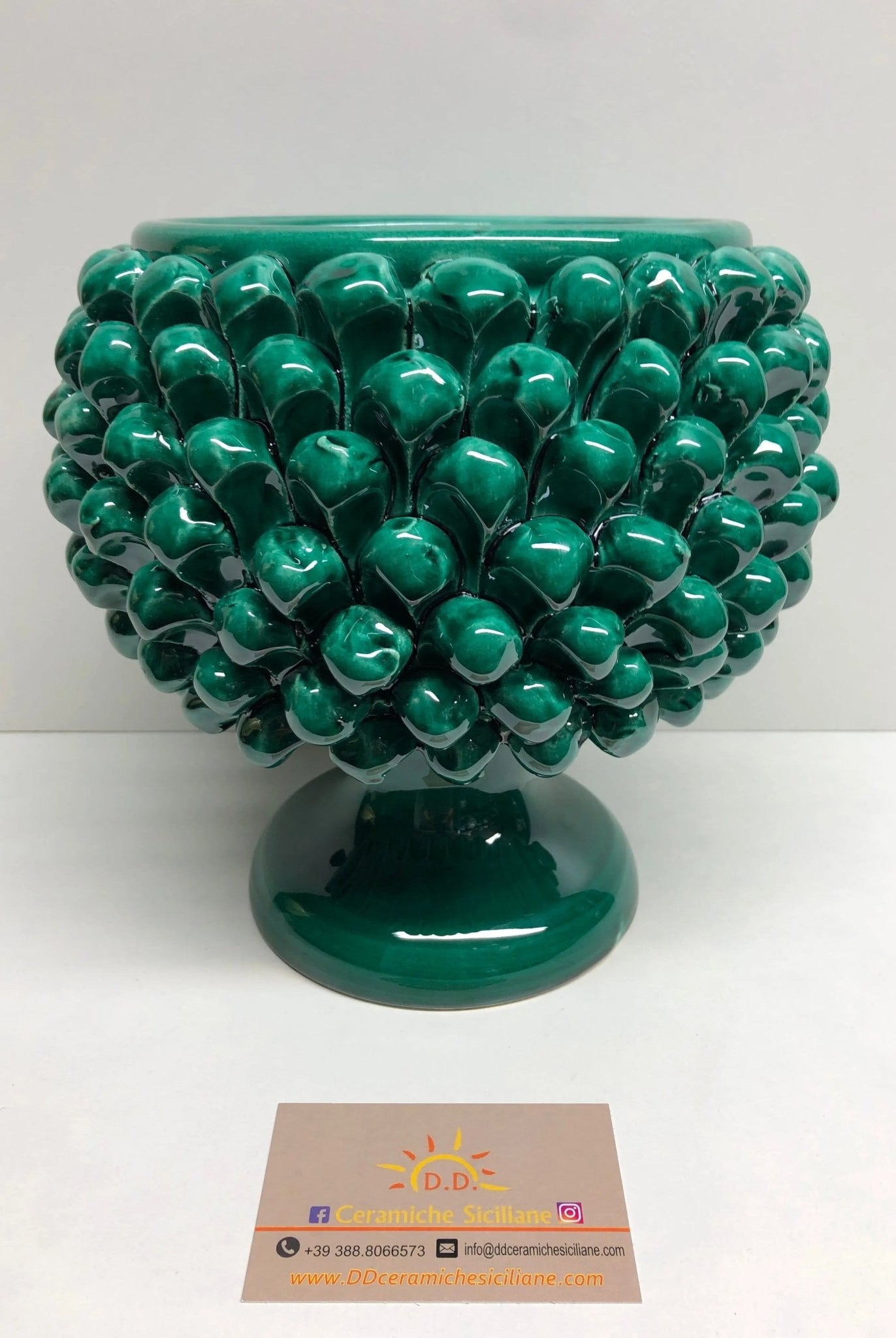 Portavaso Mezza Pigna Ceramica Caltagirone cm H.20 L.20 Artigianale Verde Cristallo DD CERAMICHE SICILIANE