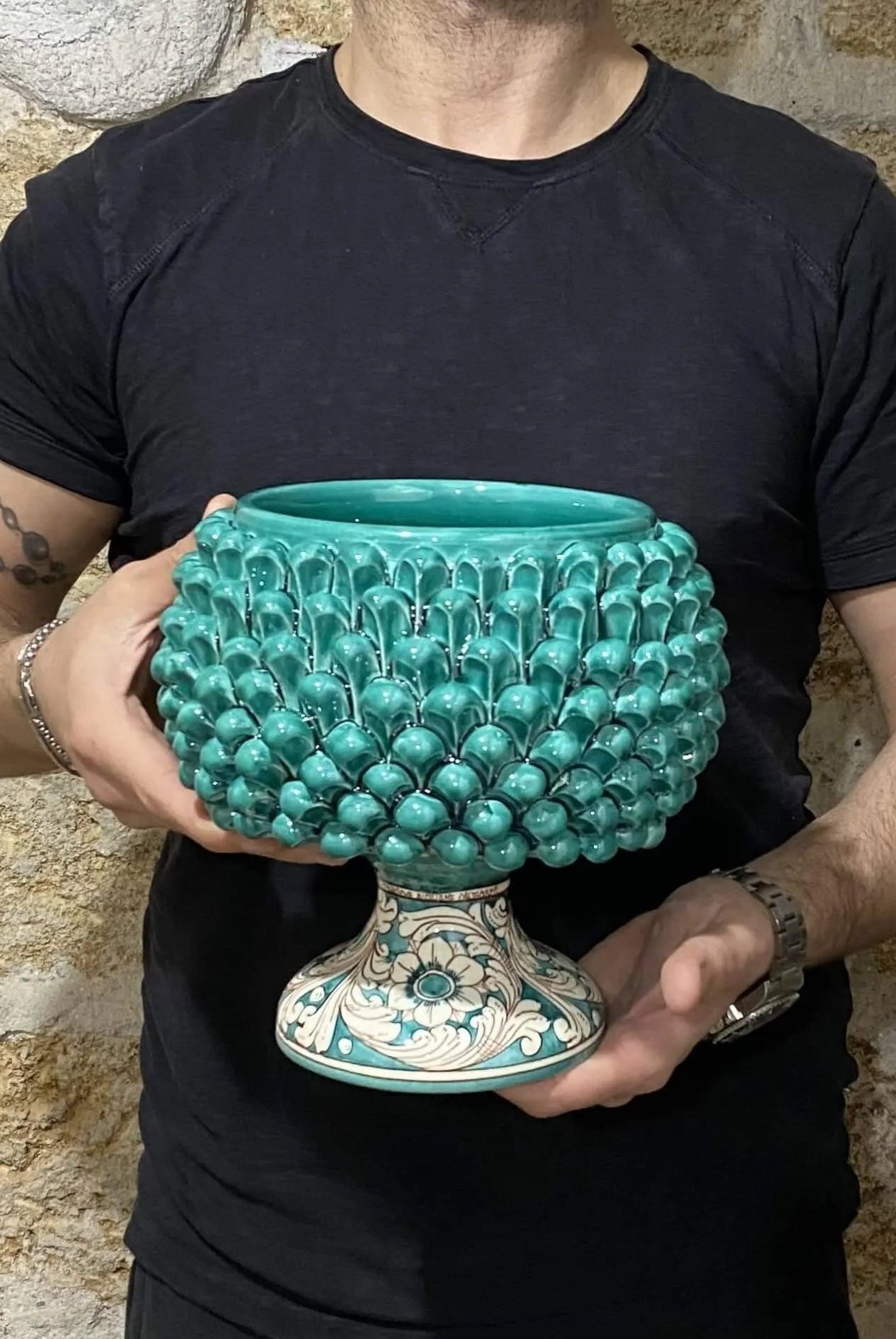 Portavaso Mezza Pigna Ceramica Caltagirone cm H.20 L.20 Artigianale Verde Cristallo Base Decorata - DD CERAMICHE SICILIANE