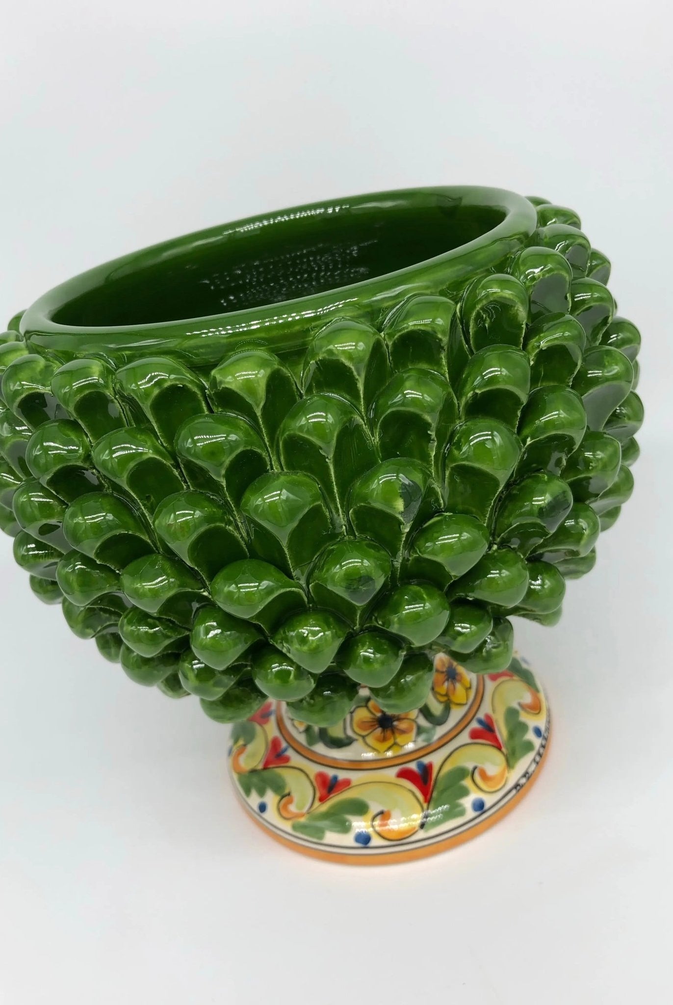 Portavaso Mezza Pigna Ceramica Caltagirone cm H.20 L.20 Artigianale Verde Nuova Decorazione - DD CERAMICHE SICILIANE