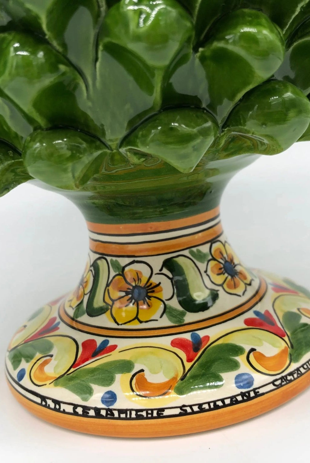 Portavaso Mezza Pigna Ceramica Caltagirone cm H.20 L.20 Artigianale Verde Nuova Decorazione - DD CERAMICHE SICILIANE