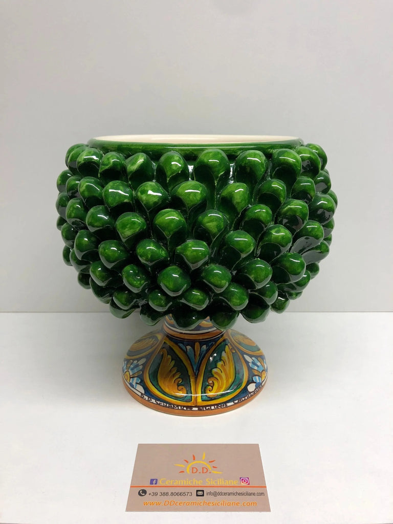 Portavaso Mezza Pigna Ceramica Caltagirone cm H.20 L.20 Artigianale Verde Prato Base Decorata - DD CERAMICHE SICILIANE