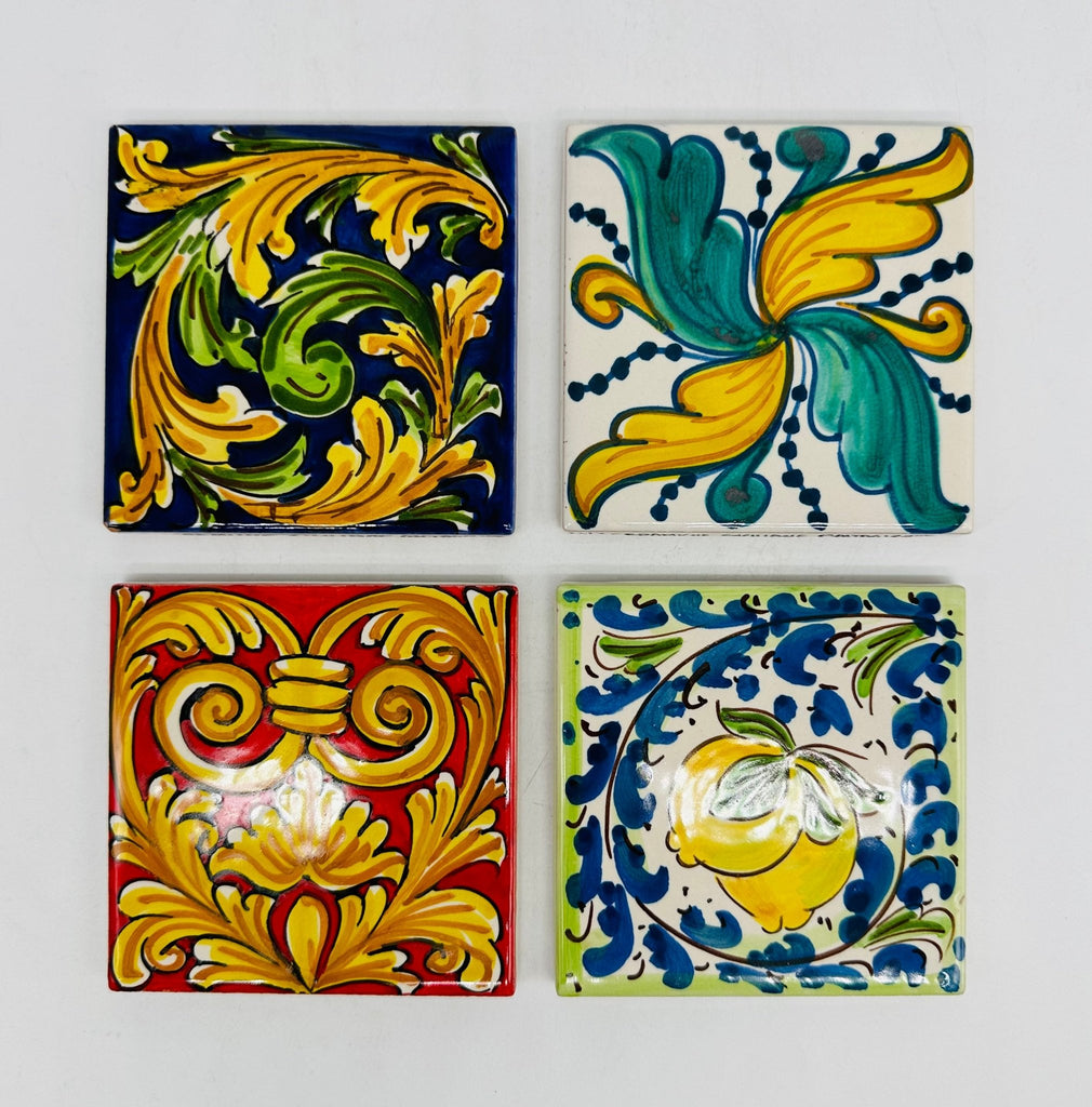 SET 4 Maioliche Ceramica Caltagirone cm 10x10 Piastrelle decorate a mano - DD CERAMICHE SICILIANE